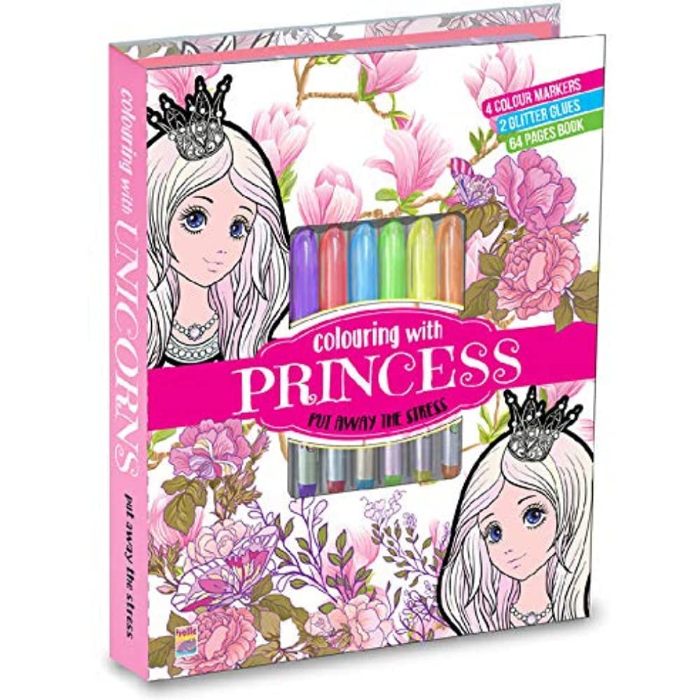 Front cover of the book 'Hello Friend Princess Colouring Combo Kit with 4 Neon Pens & 2 Glitter Tubes With 32 Pages Colouring Pad, 4+ yrs.' by Brijbasi.