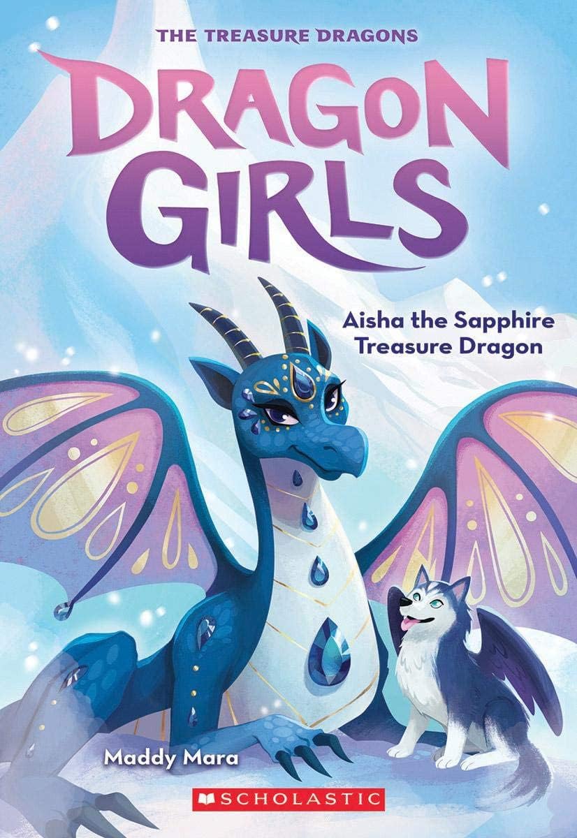 Front cover of the book 'DRAGON GIRLS #5: AISHA THE SAPPHIRE TREASURE DRAGON' by Maddy Mara.