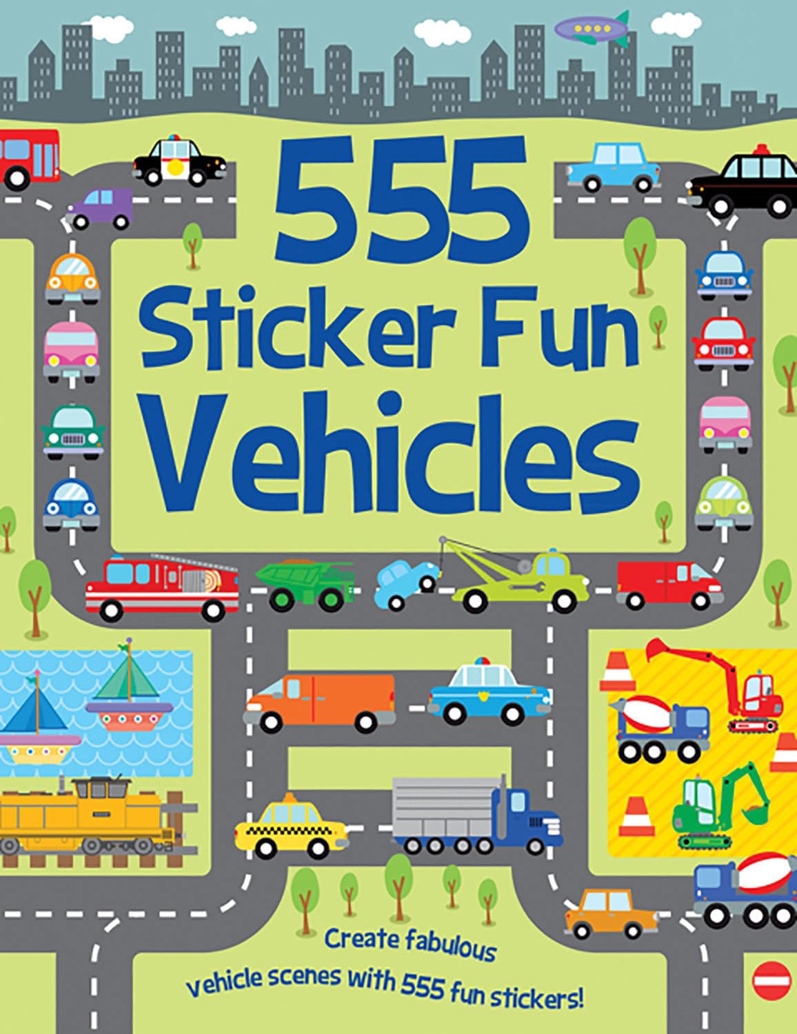 Front cover of the book '555 Sticker Fun Vehicles: Activity Book' by Susan Mayes.