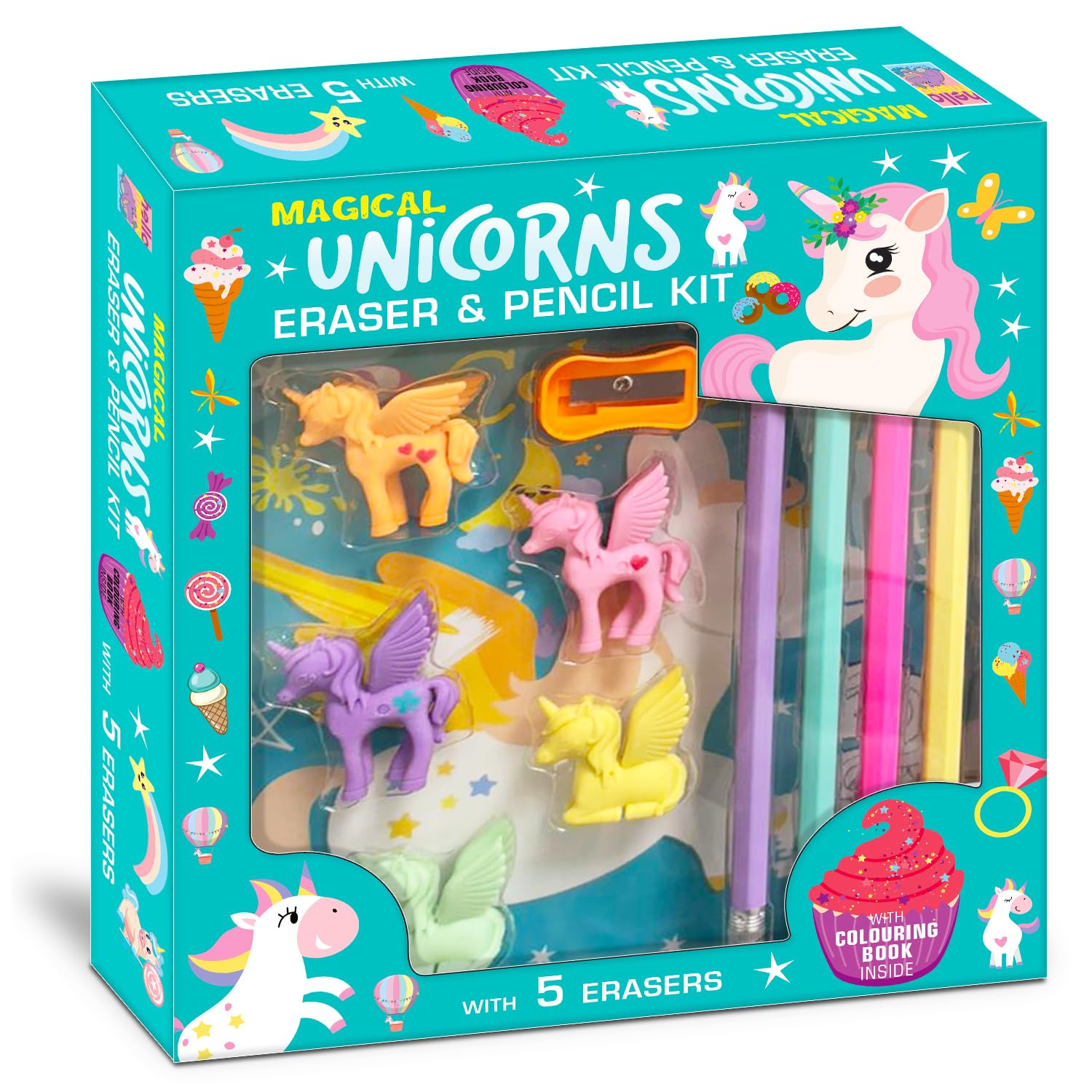 Front cover of the book 'Magic Unicorns Eraser Pencil Set, Stationery Gift Set, Wodden Pencils and Erasers Set, Kids Stationery Kit, Rubber Penci' by Bribasi.