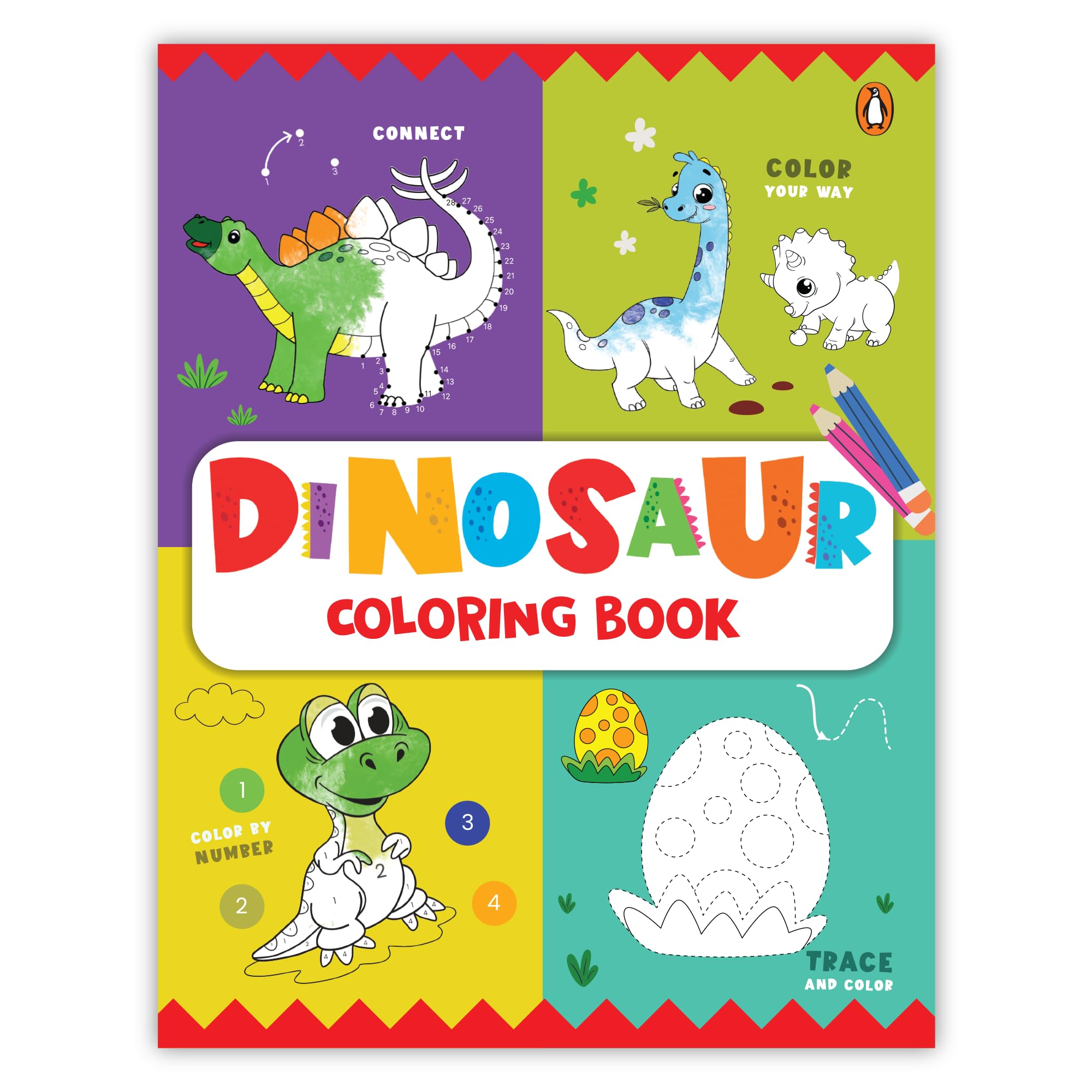 Front cover of the book 'Dinosaur Coloring Book: Fun Dinosaur Coloring Activity Book for Kids | Includes Number Coloring, Dot-to-Dot, Tracing & C' by Pengiun.