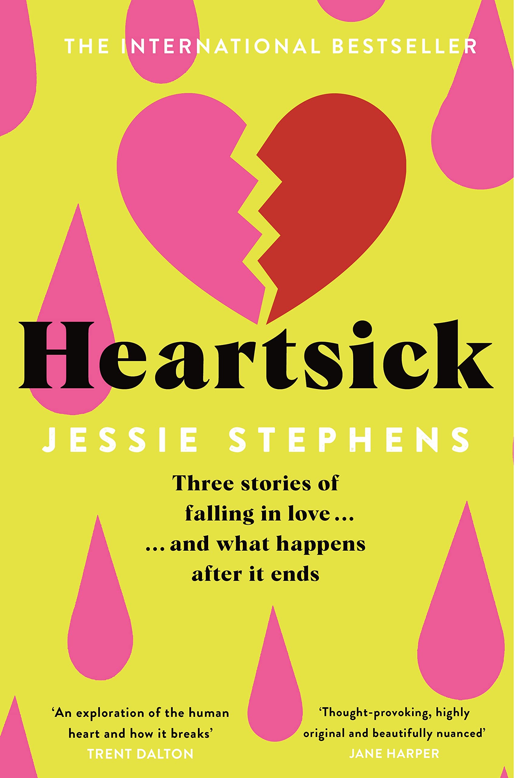Front cover of the book 'Heartsick: Three Stories of Falling in Love . . . And What Happens After it Ends' by Jessie Stephens.