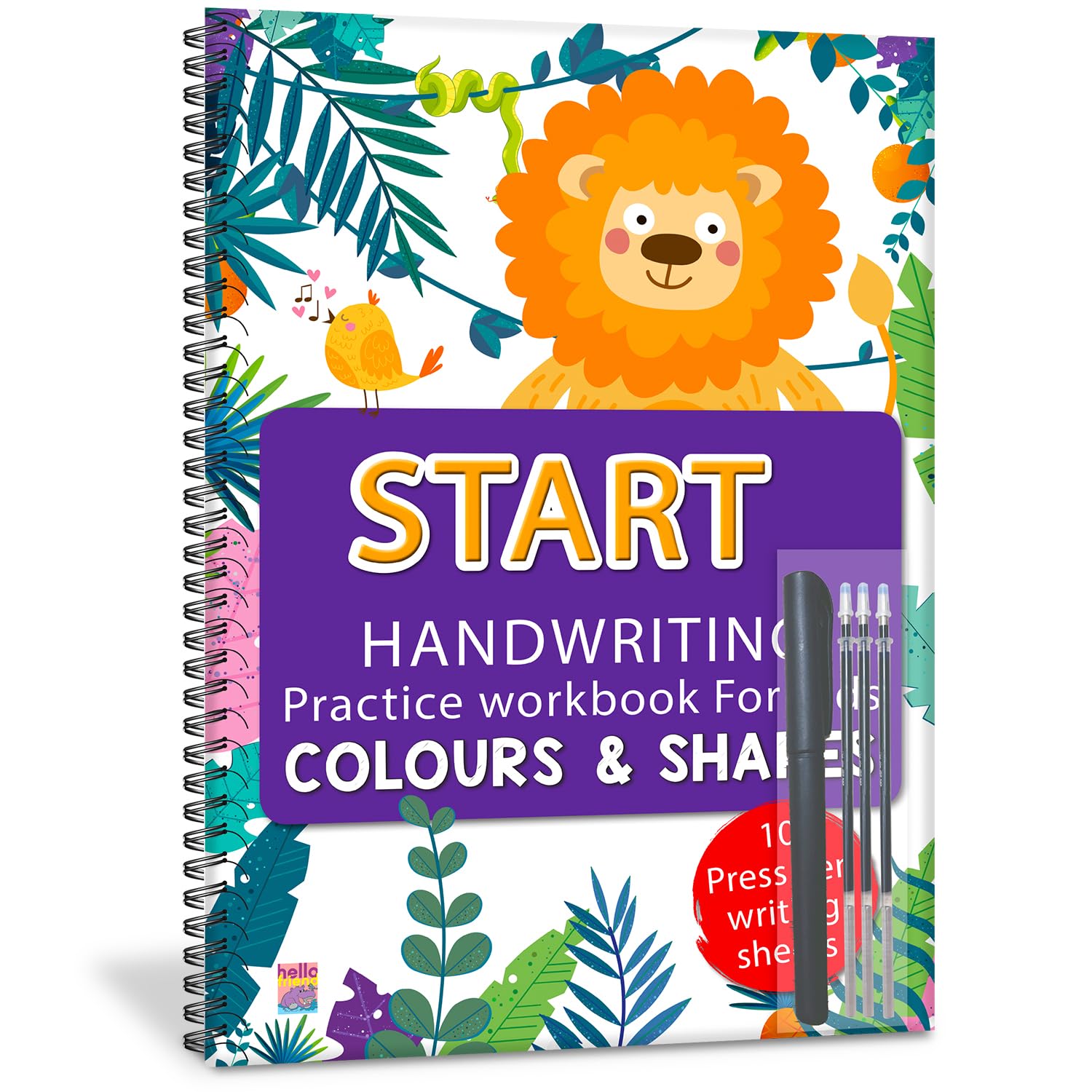 Front cover of the book 'Hello Start Handwriting Practice Workbook for Kids, Colours & Shapes, 10 Pages, 21x28 cm, with Press Pen' by Bribasi.