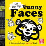 Front cover of the book 'First Baby Days Funny Faces' by Pat-a-Cake.