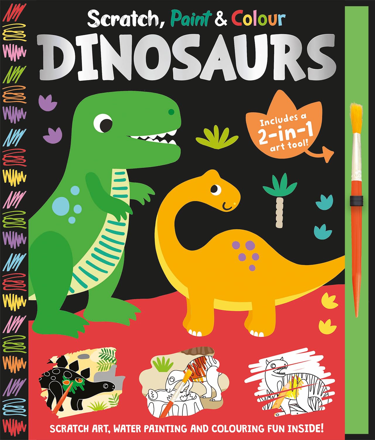 Front cover of the book 'Scratch, Paint & Colour Dinosaurs' by Georgie Taylor.