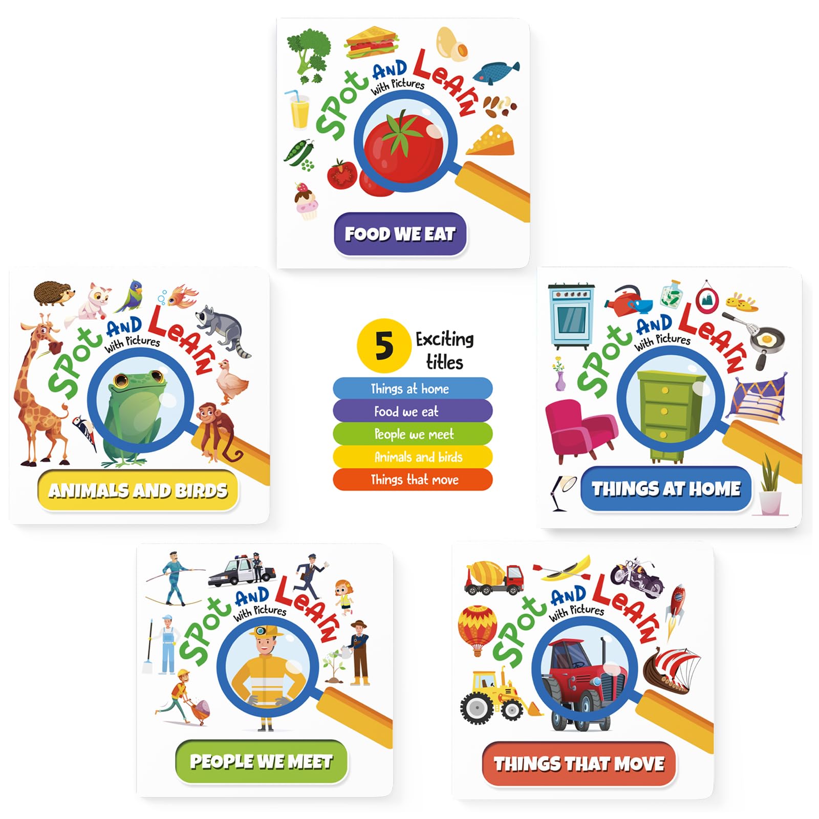 Front cover of the Board Book book 'Spot and Learn with Pictures: A Boxset of 5 Fun & Interactive Board Book to Develop Observation Skills and Vocabulary fo' by Na.