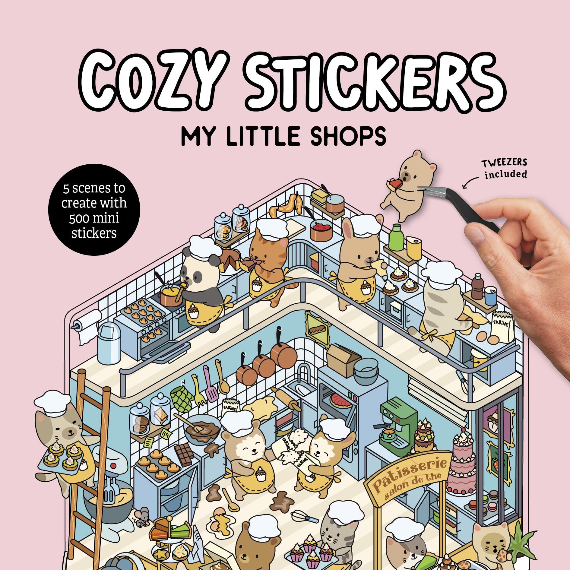 Front cover of the book 'Cozy Stickers: My Little Shops: 5 scenes to create with 500 mini stickers' by Alain Boyer.