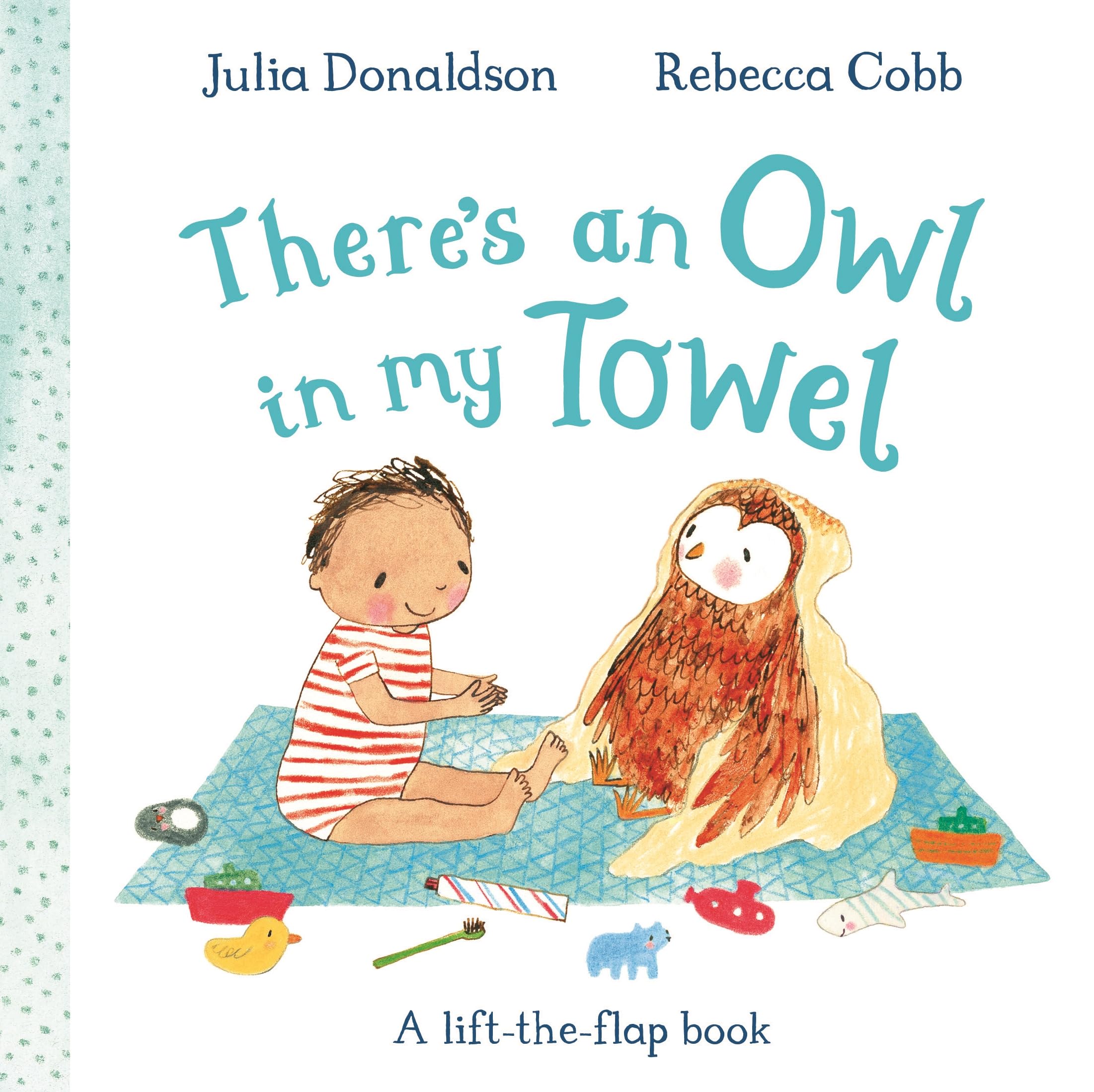 Front cover of the book 'There's an Owl in My Towel: A lift-the-flap book' by Julia Donaldson, Rebecca Cobb.