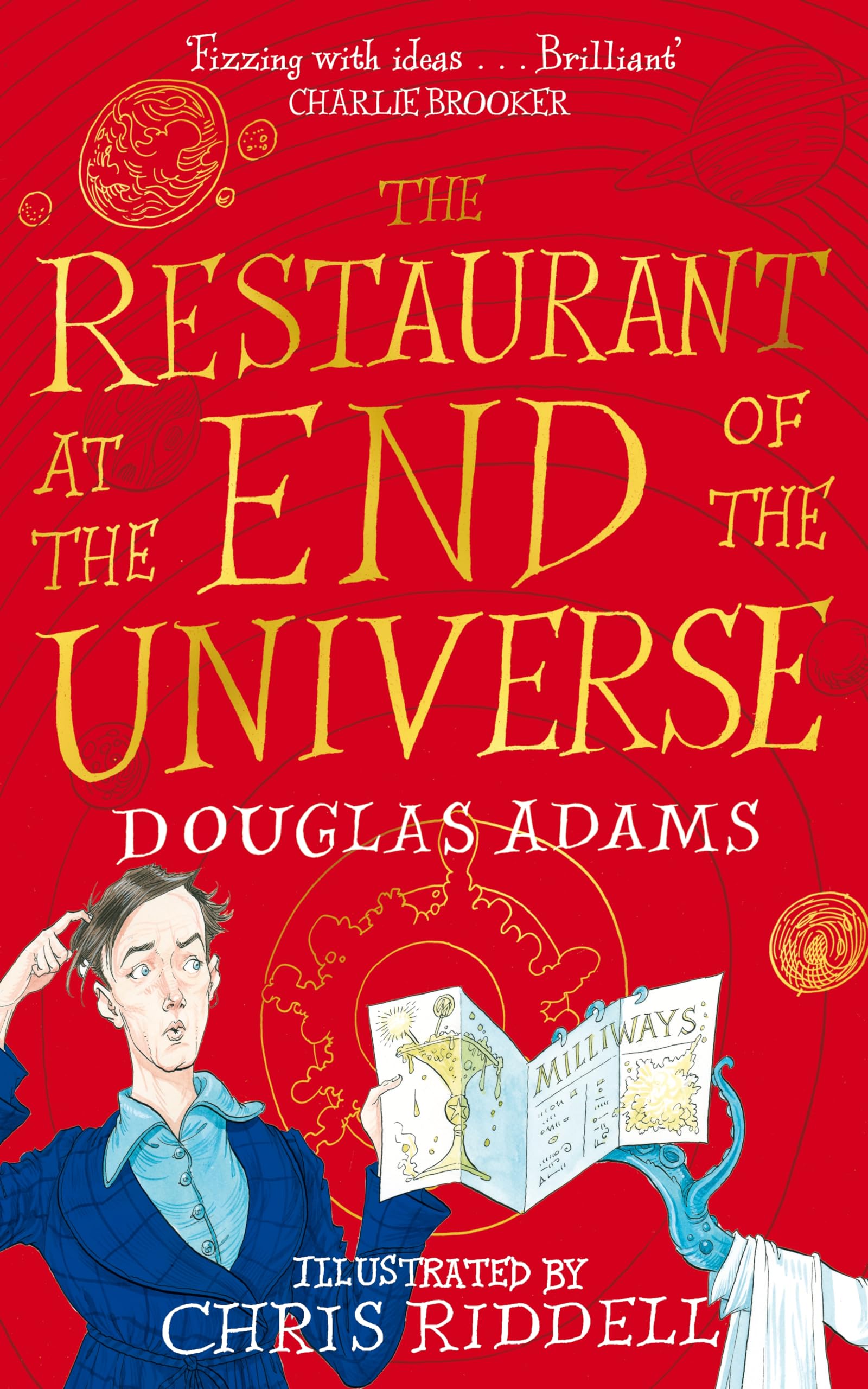 Front cover of the book 'The Restaurant at the End of the Universe Illustrated Edition (Hitchhiker's Guide to the Galaxy Illustrated)' by Douglas Adams, Chris Riddell.