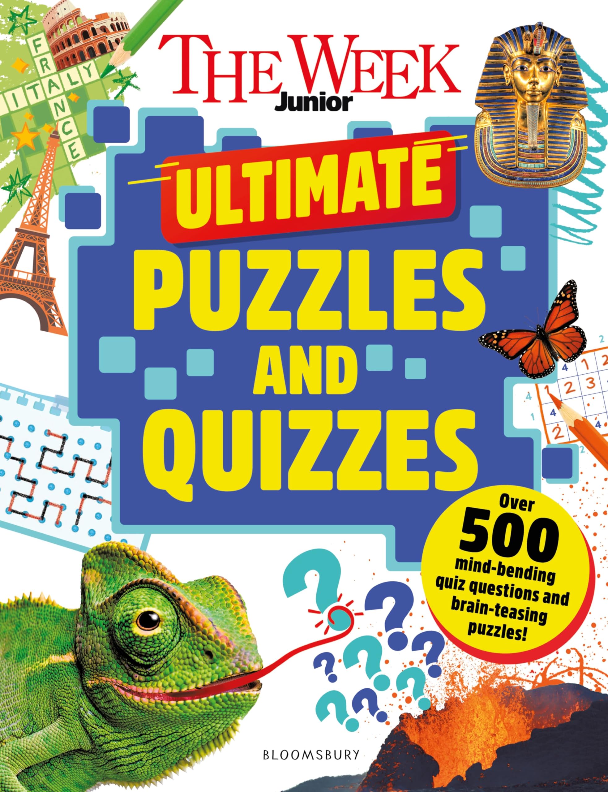 Front cover of the book 'The Week Junior Ultimate Puzzles and Quizzes: Over 200 pages of mind-bending quizzes, sudoku, word searches, crosswords' by The Week Junior.