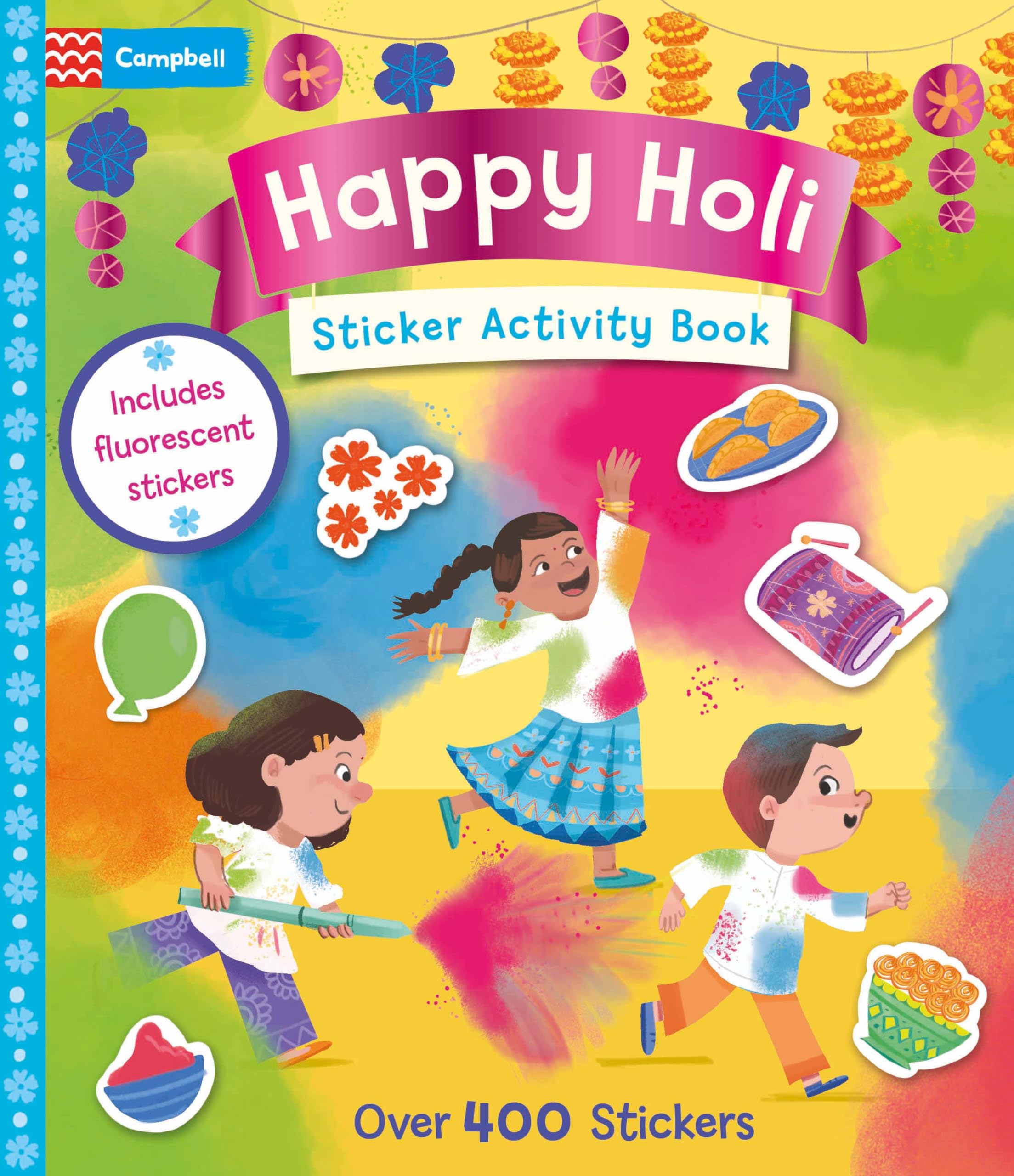 Front cover of the book 'Happy Holi Sticker Activity Book' by Campbell Books.
