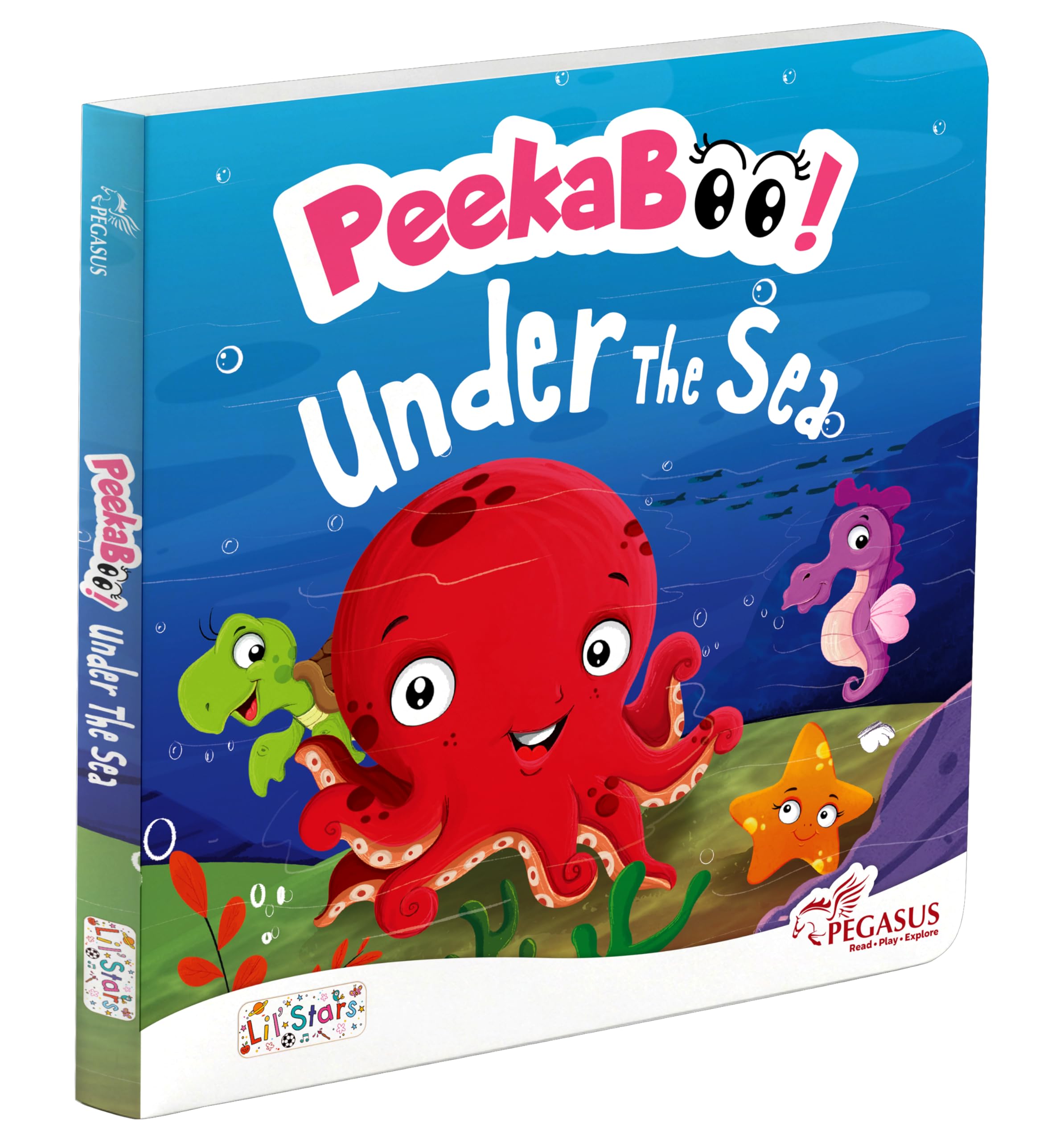 Front cover of the Board Book book 'Peekabo Under The Sea Board Book with Pictures for Kids 2+ : Explore Marine Life, Colorful Coral Reefs, and Oceanic Adve' by Team Pegasus.