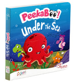 Front cover of the Board Book book 'Peekabo Under The Sea Board Book with Pictures for Kids 2+ : Explore Marine Life, Colorful Coral Reefs, and Oceanic Adve' by Team Pegasus.
