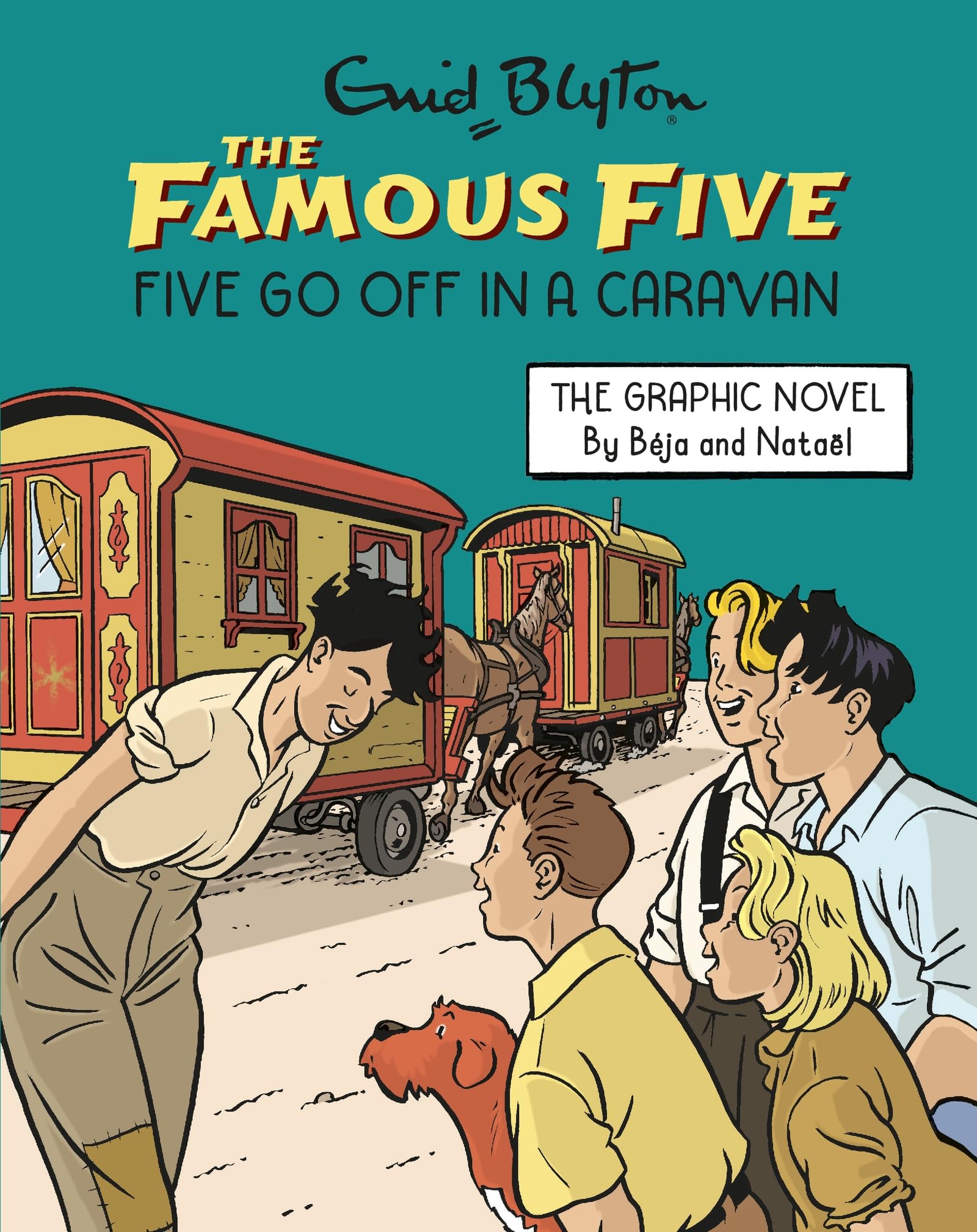 Front cover of the book 'Hodder Stoughton Famous Five Graphic Novel Five Go Off in a Caravan Book 6.' by Enid Blyton and Béja & Nataël.