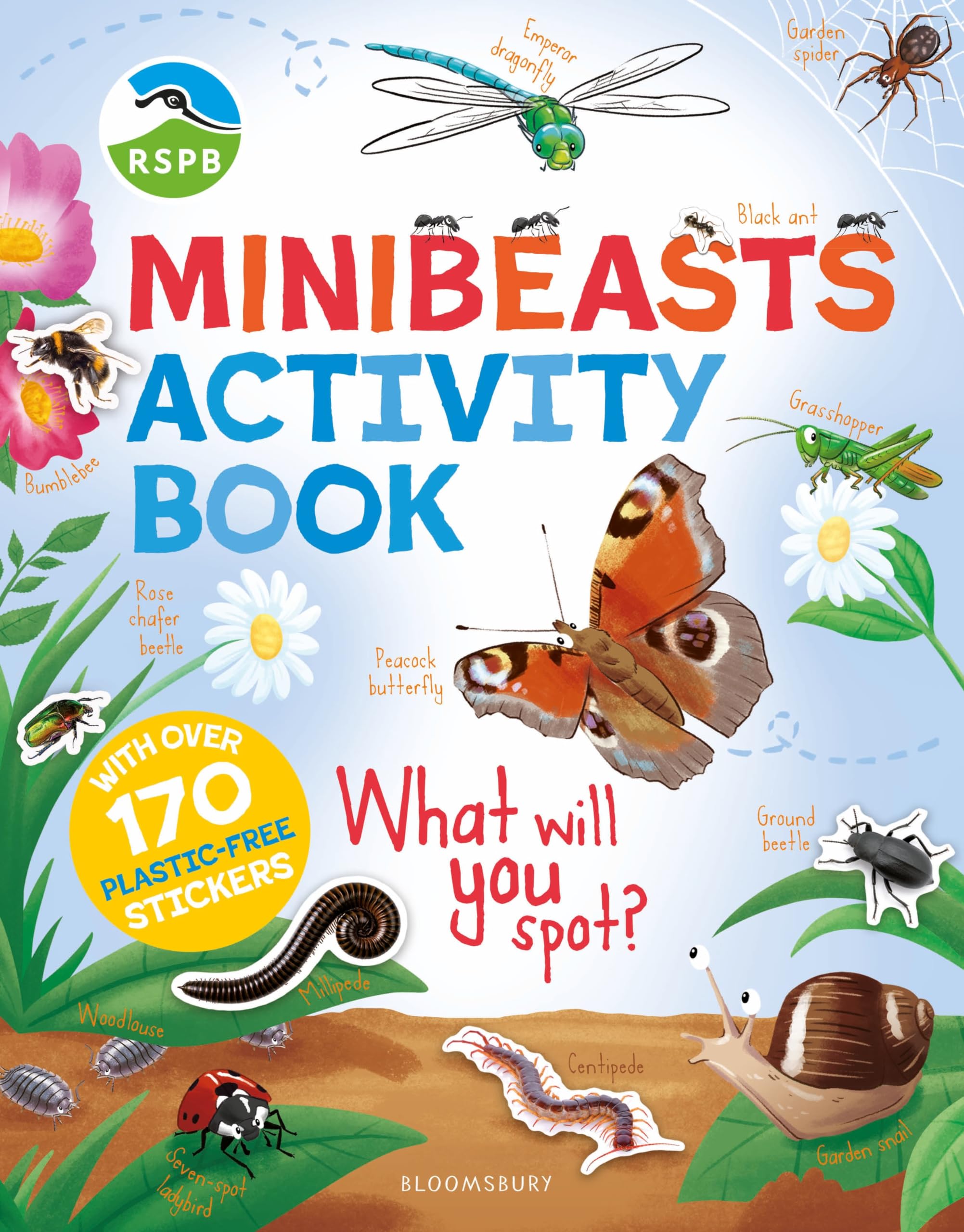 Front cover of the book 'Bloomsbury RSPB Minibeasts Activity Book.' by Rspb.