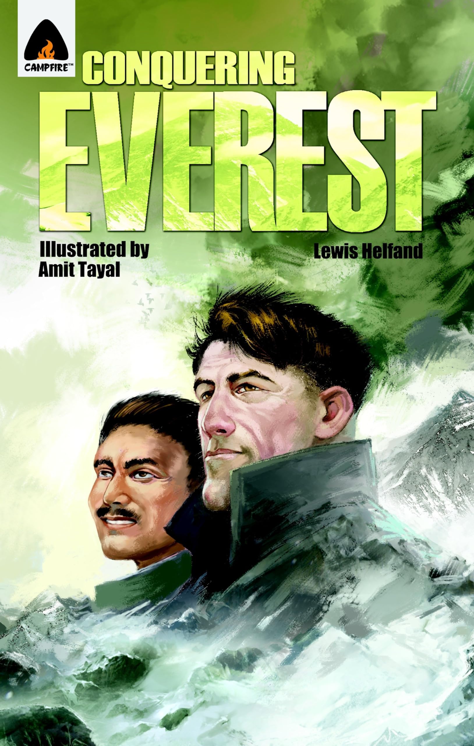 Front cover of the book 'Conquering Everest: The Lives of Edmund Hillary and Tenzing Norgay: A Graphic Novel (Campfire Graphic Novels)' by Lewis Helfand.