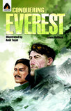 Front cover of the book 'Conquering Everest: The Lives of Edmund Hillary and Tenzing Norgay: A Graphic Novel (Campfire Graphic Novels)' by Lewis Helfand.