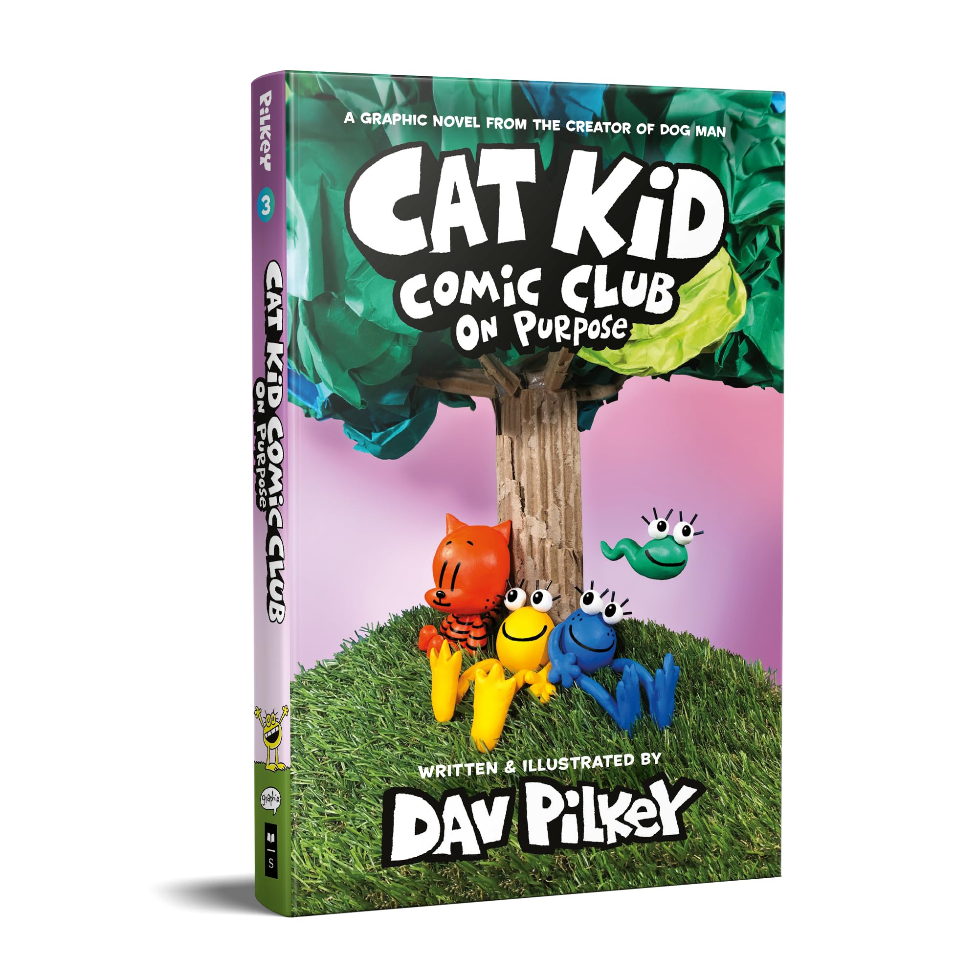 Front cover of the book 'Atefa Cat Kid Comic Club #3: On Purpose (A Graphic Novel)' by Dav Pilkey.