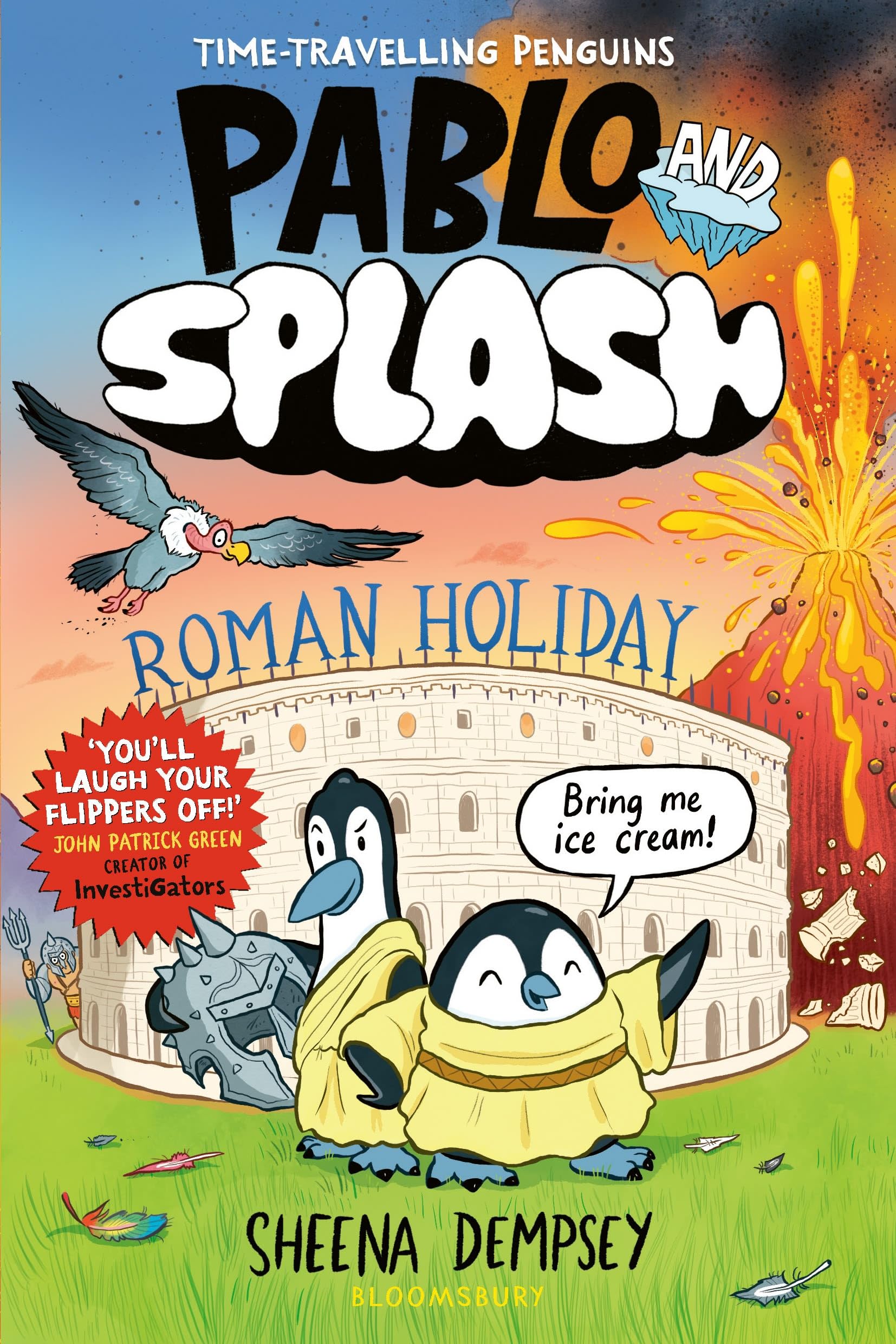 Front cover of the book 'Pablo and Splash: Roman Holiday: The hilarious kids' graphic novel series about time-travelling penguins' by Sheena Dempsey.