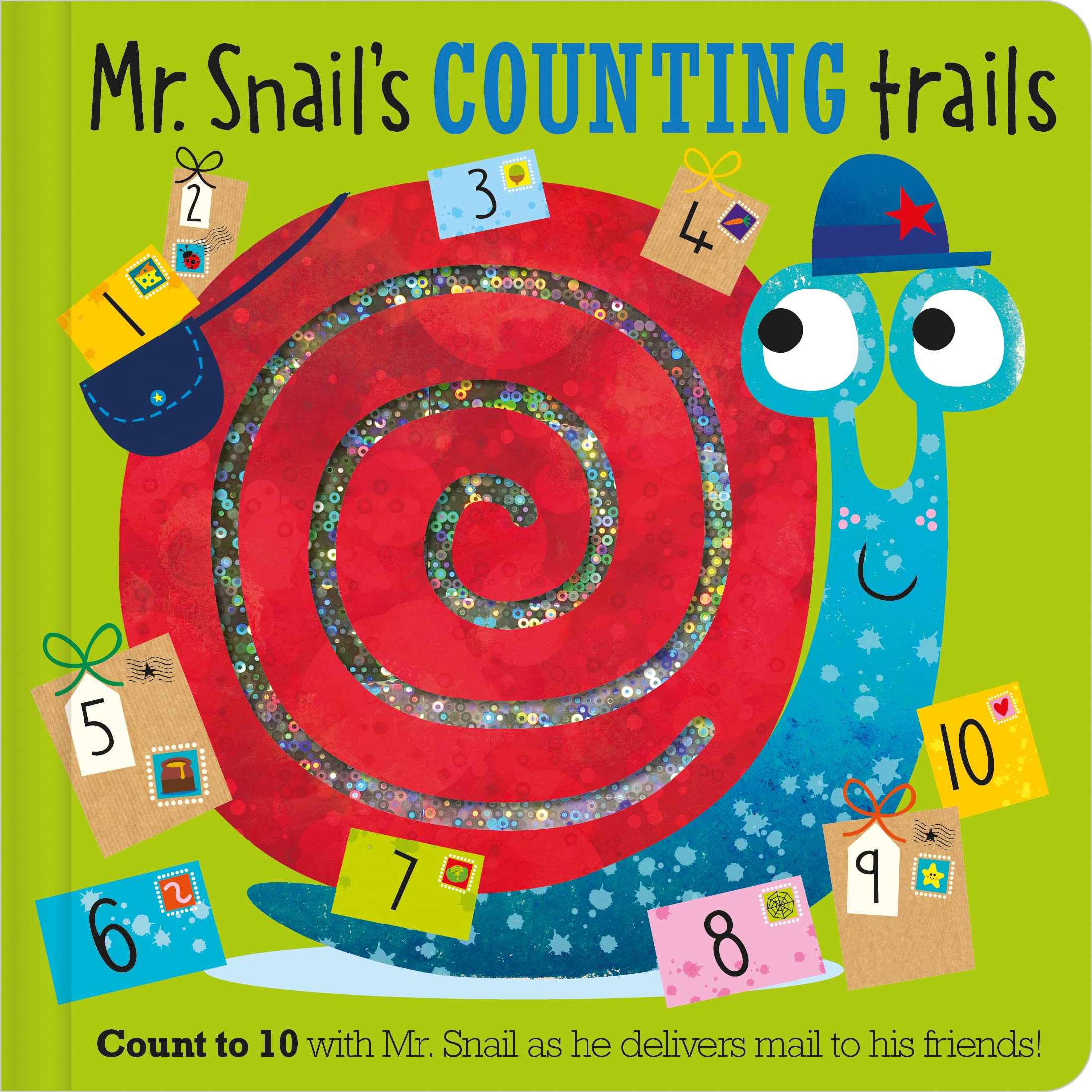 Front cover of the book 'Finger Trails Mr Snail's Counting Trails' by Rosie Greening.