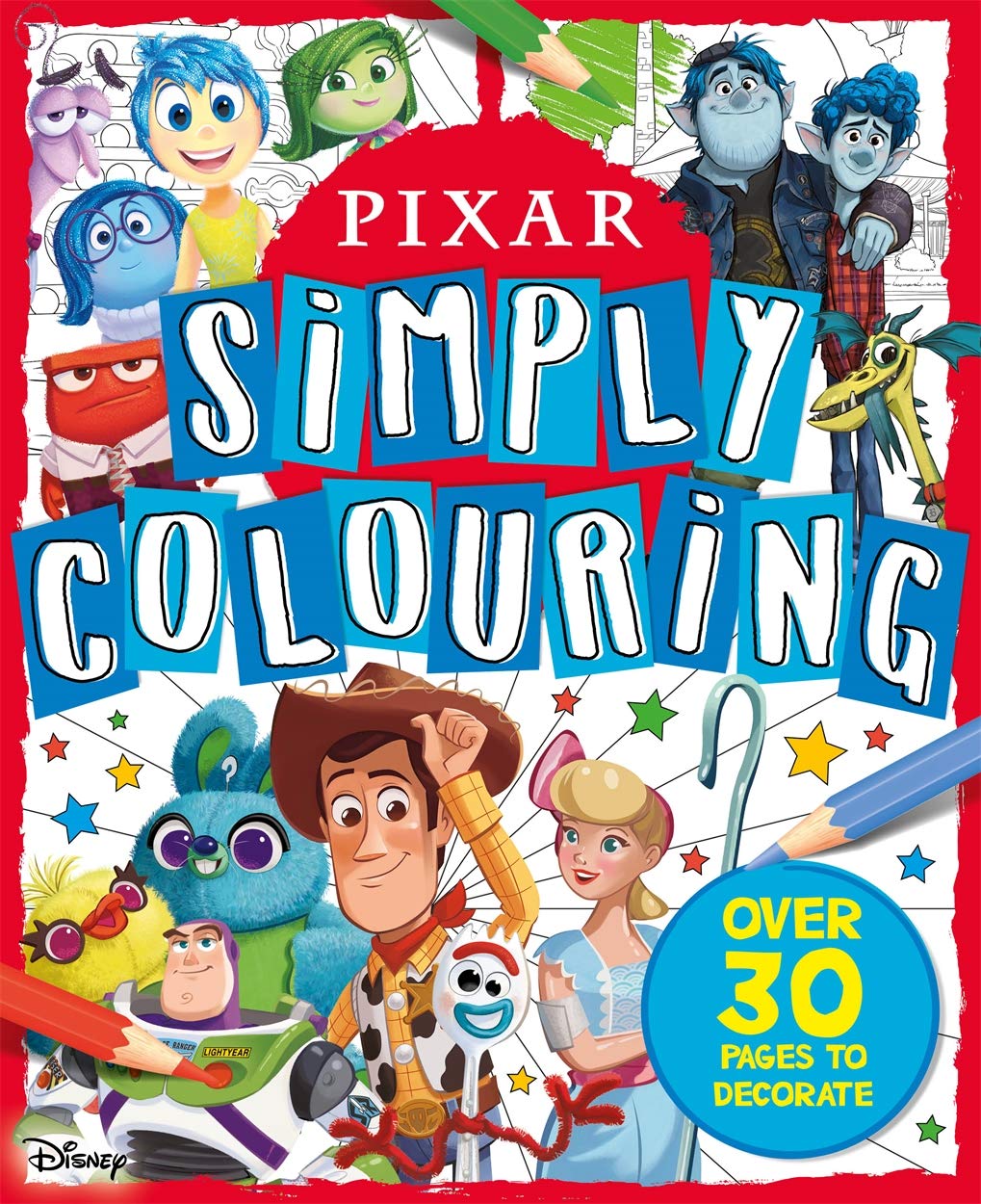 Front cover of the book 'Pixar: Simply Colouring' by Parragon.