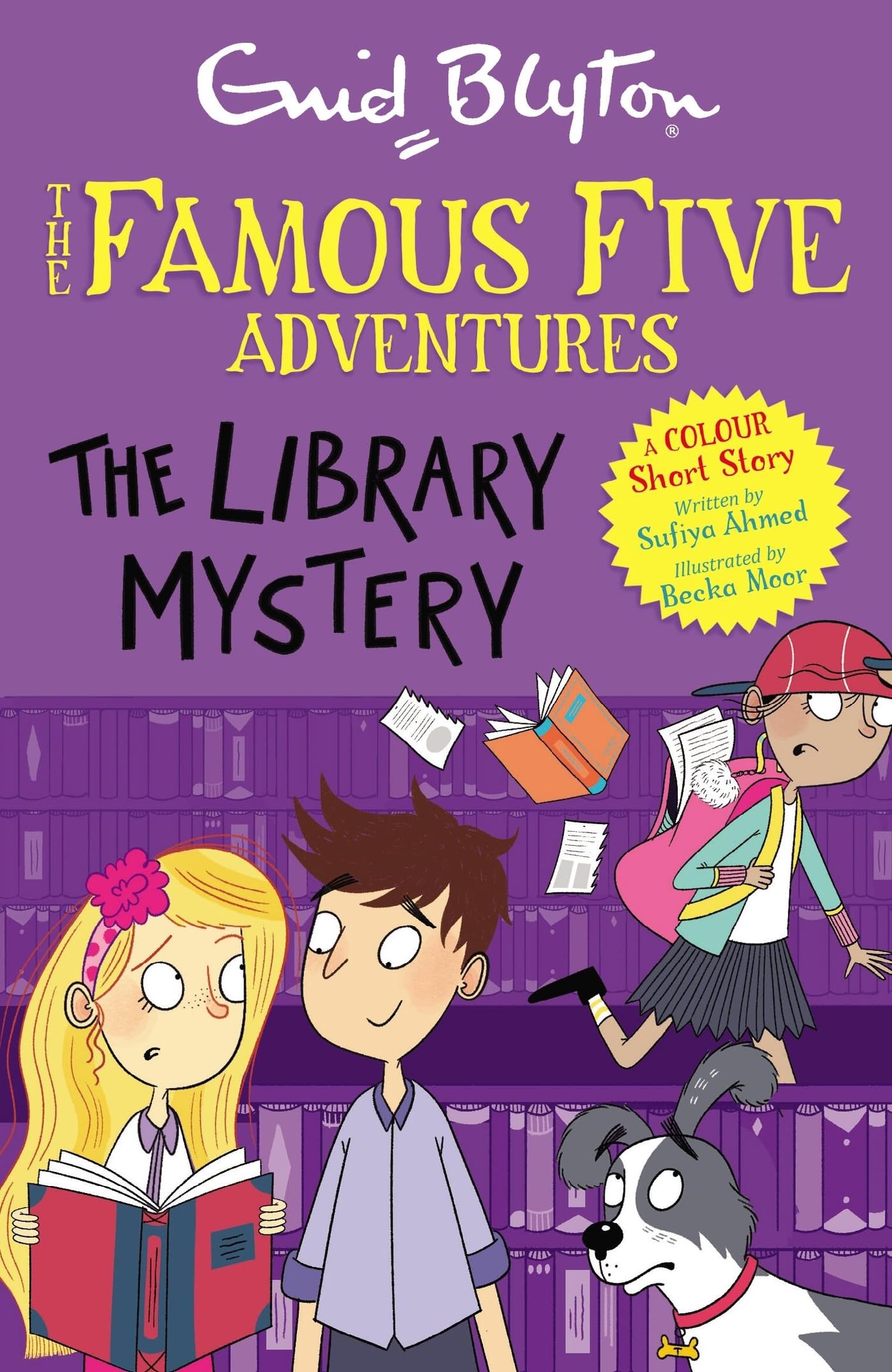 Front cover of the book 'Famous Five Colour Short Stories: The Library Mystery: Book 16' by Enid Blyton and Sufiya Ahmed.