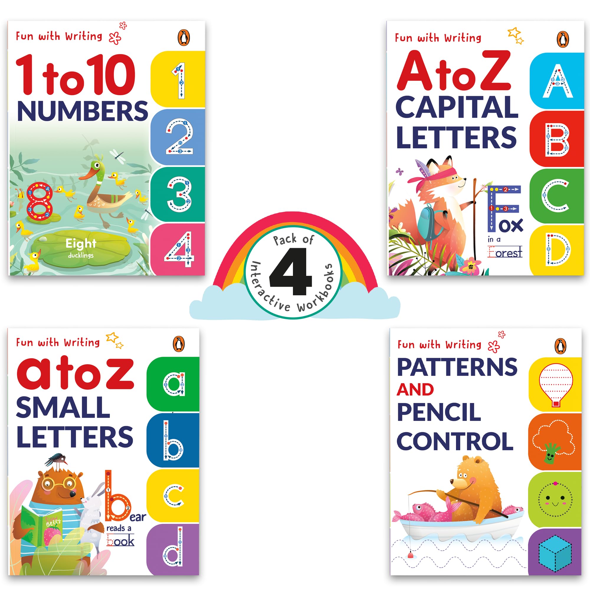 Front cover of the book 'Fun with Writing (Pack of 4 Books): A set of 4 Activity Books for PreSchool Kids, Toddlers | | Book for 3+ [Penguin Earl' by Penguin.