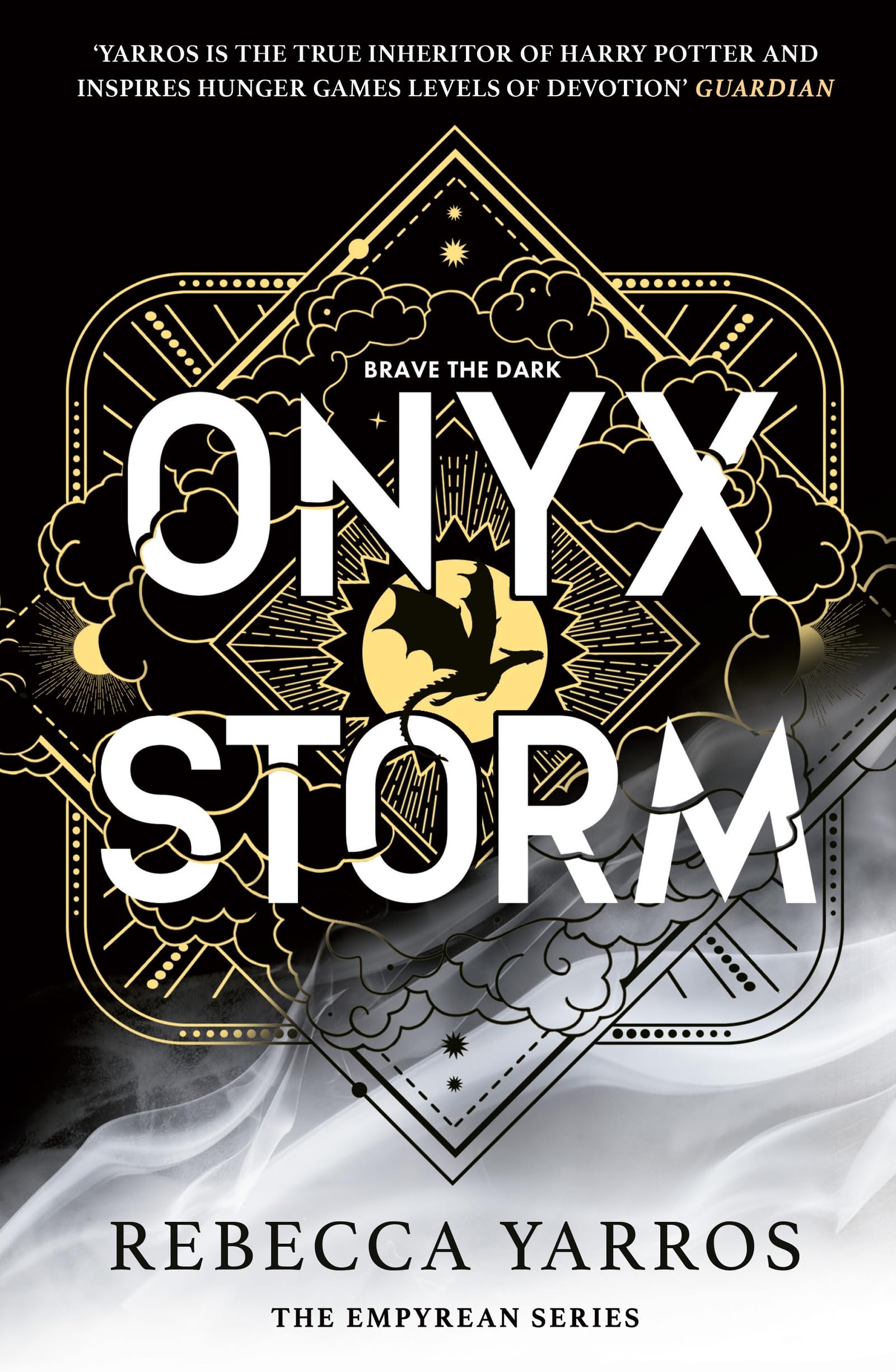 Front cover of the book 'Onyx Storm: DISCOVER THE FOLLOW-UP TO THE GLOBAL PHENOMENONS, FOURTH WING AND IRON FLAME! (The Empyrean) (International' by Rebecca Yarros.