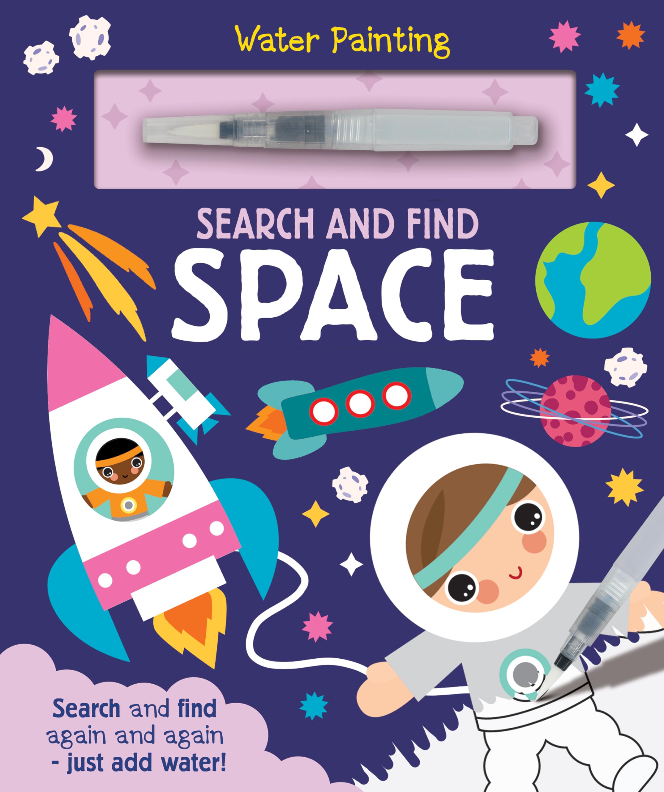Front cover of the book 'Search and Find Space (Water Painting Seek and Find)' by Georgie Taylor.