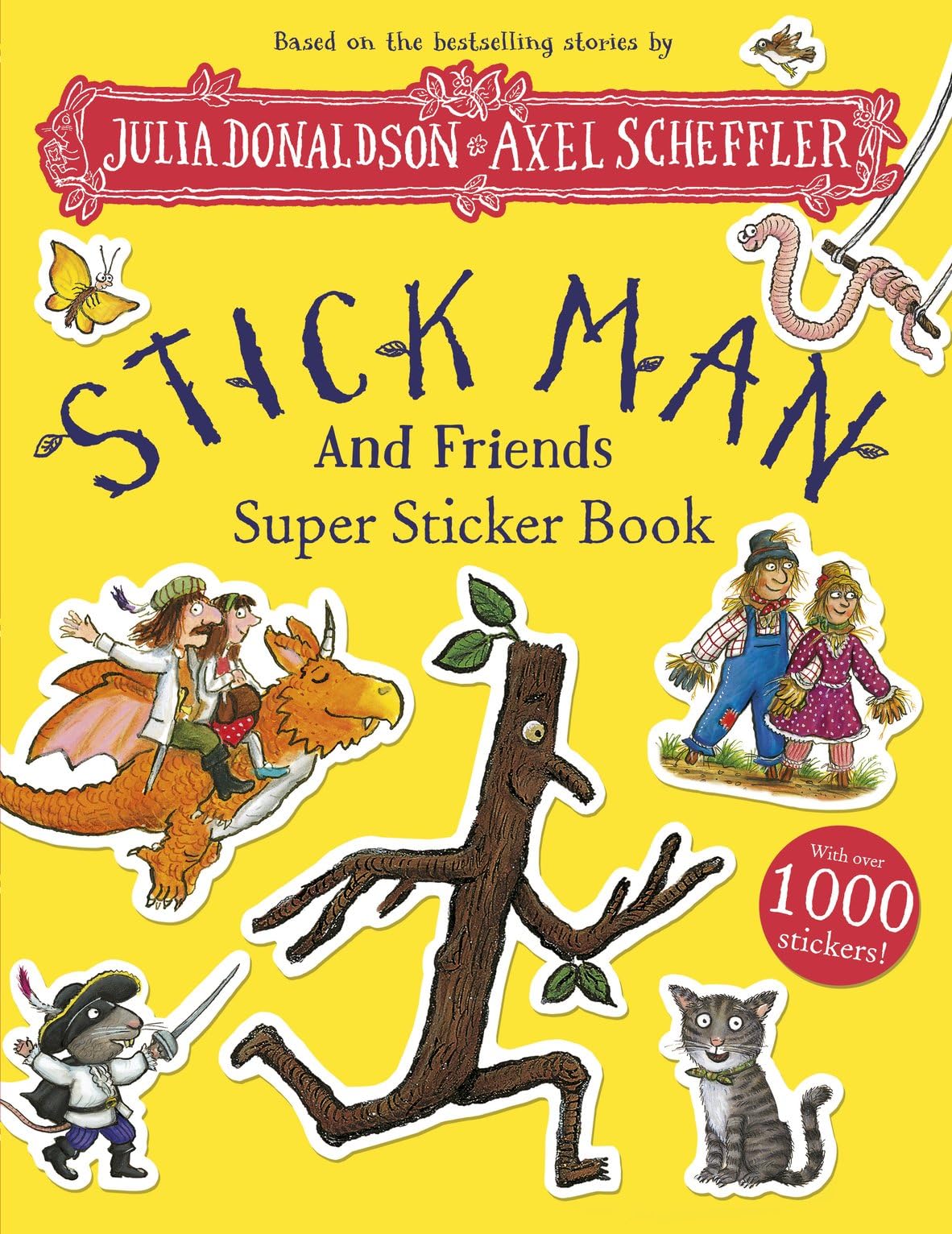 Front cover of the book 'Stick Man and Friends Super Sticker Book' by Julia Donaldson.