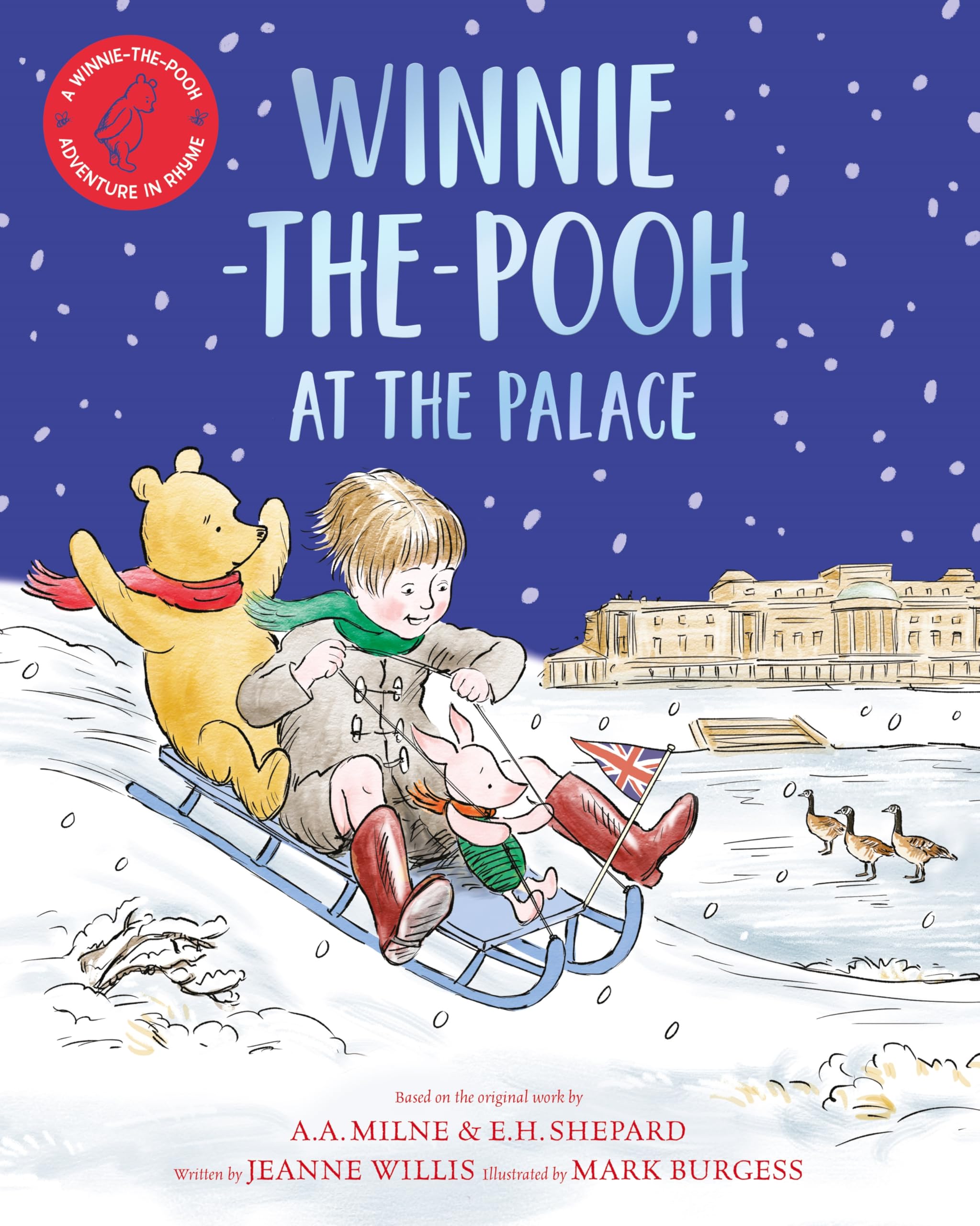 Front cover of the book 'Winnie-the-Pooh at the Palace' by Jeanne Willis, Mark Burgess.