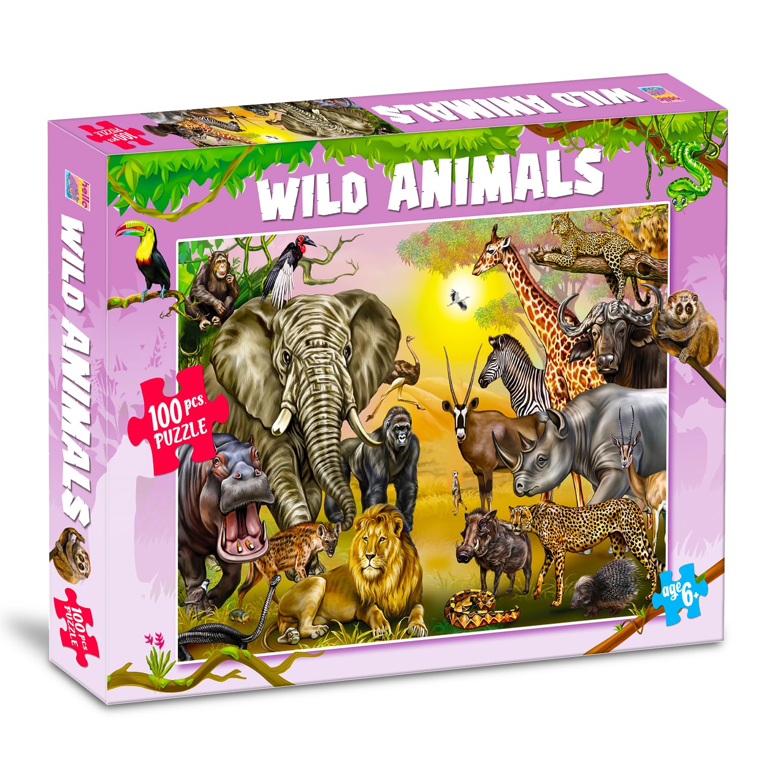 Front cover of the book 'Wild Animals Puzzle Box for Kids - 100 Piece Jigsaw Puzzle | Travel & Wildlife Brain Games for Children Ages 6-12 | Educ' by Brijbasi.