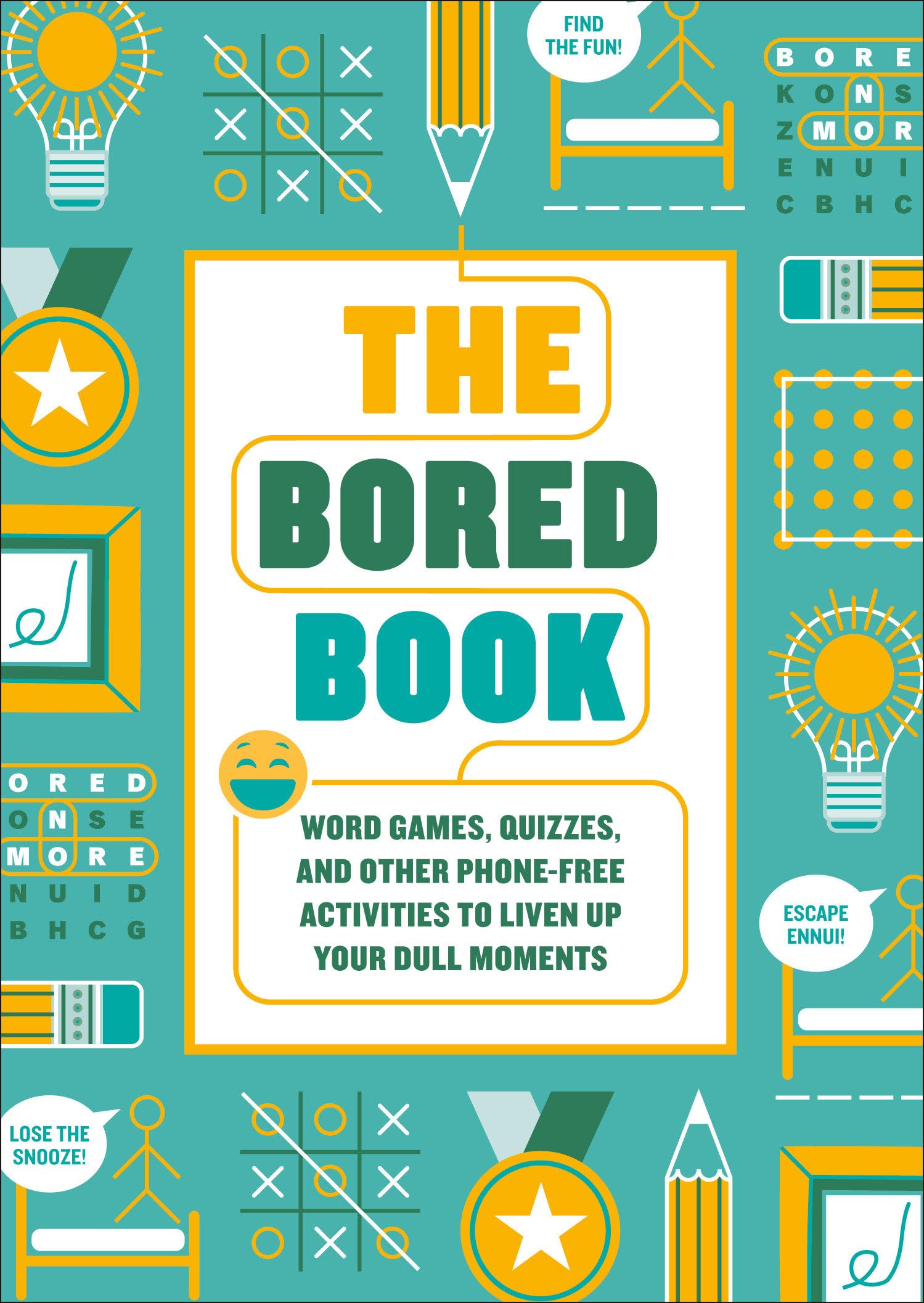 Front cover of the book 'The Bored Book: Word Games, Quizzes, and Other Phone-Free Activities to Liven Up Your Dull Moments--An Activity Book for' by Ink & Willow.