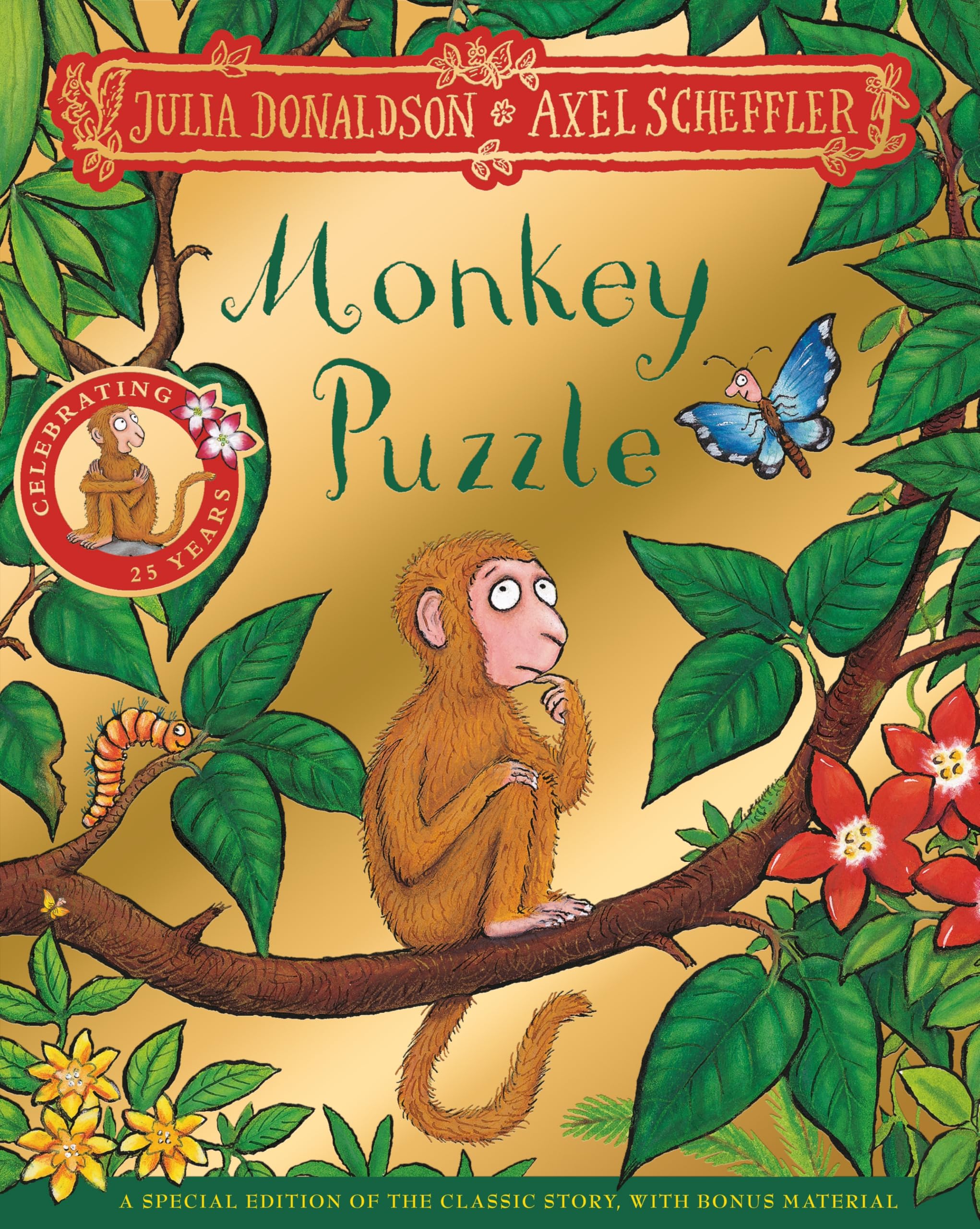 Front cover of the book 'Macmillan Childrens Books Monkey Puzzle 25th Anniversary Edition.' by Julia Donaldson, Axel Scheffler.