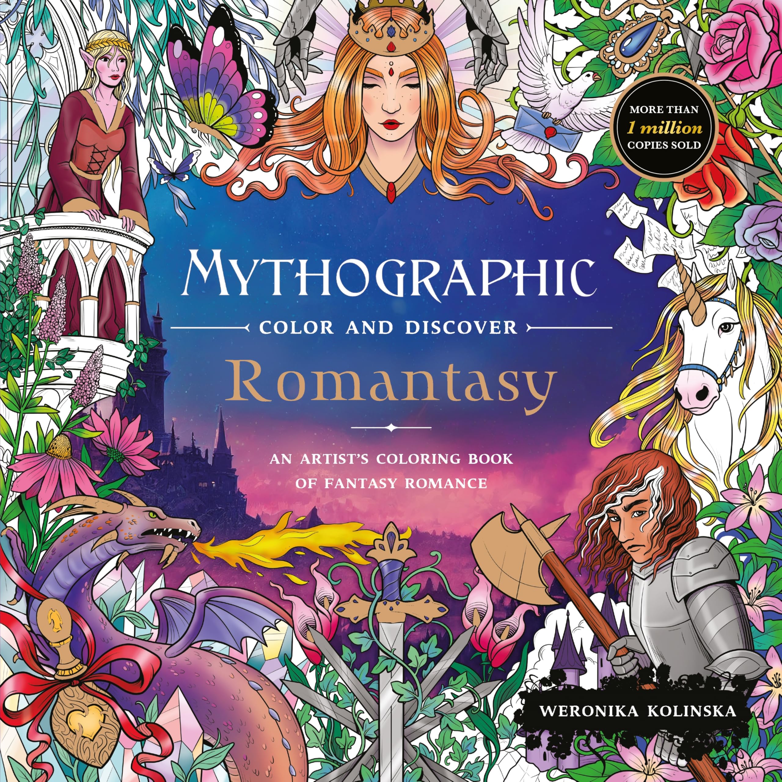 Front cover of the book 'Mythographic Colour and Discover: Romantasy' by Weronika Kolinska.