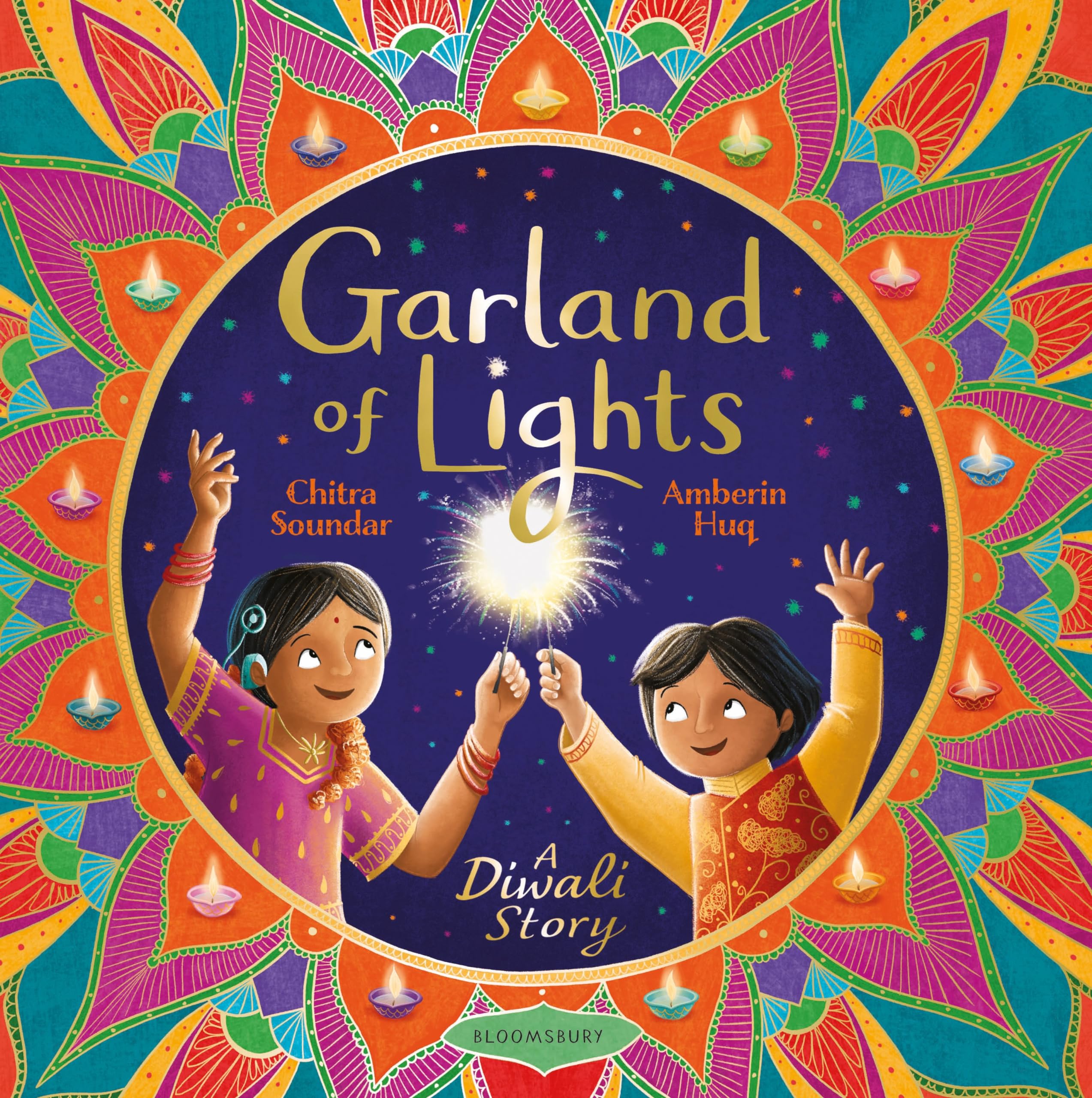 Front cover of the book 'Bloomsbury Childrens Books Bloomsbury Garland Of Lights A Diwali Story.' by Chitra Soundar.