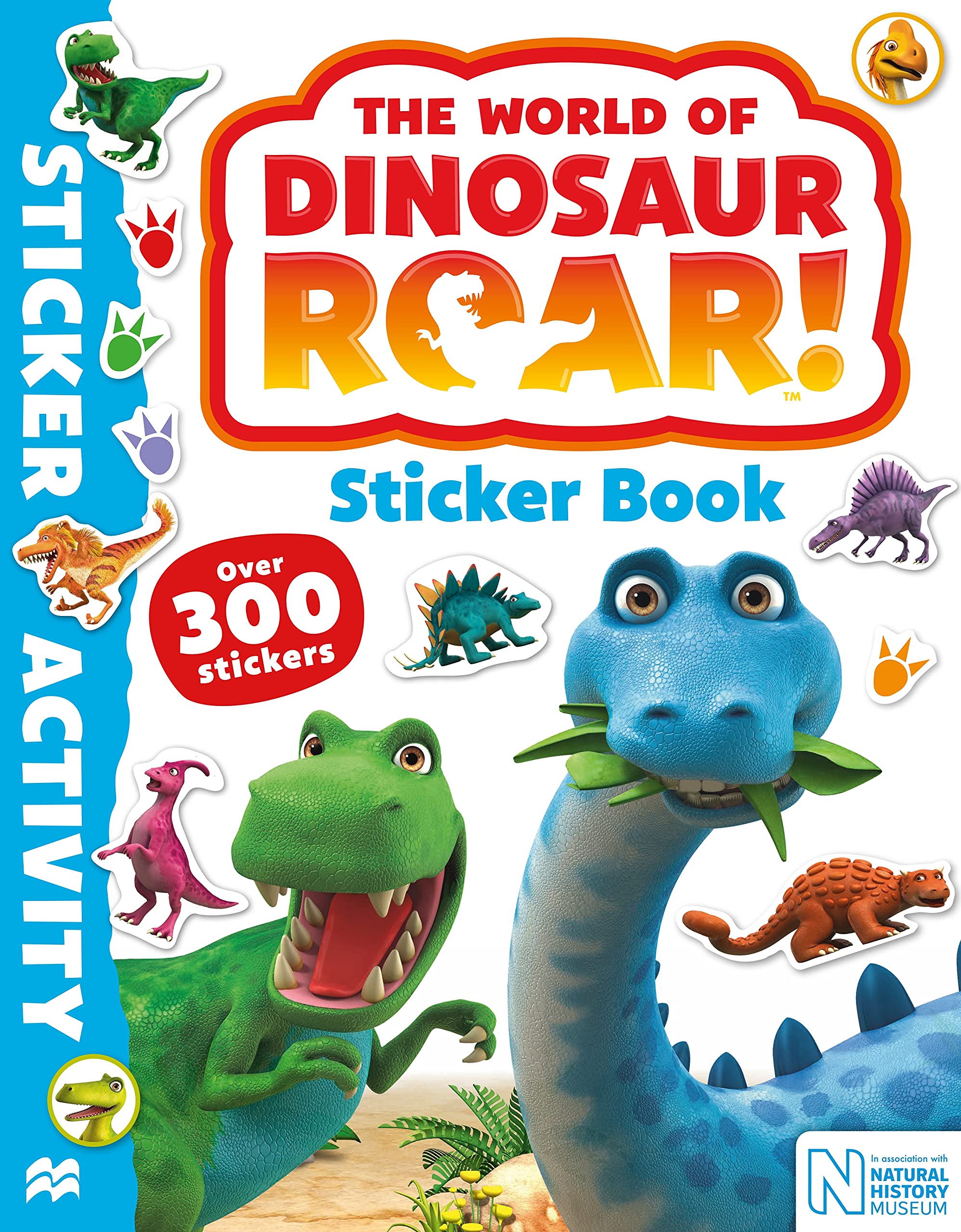 Front cover of the book 'World of Dinosaur Roar! Sticker Book' by Peter Curtis.
