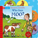 Front cover of the book 'Who Says Moo?' by Axel Scheffler.