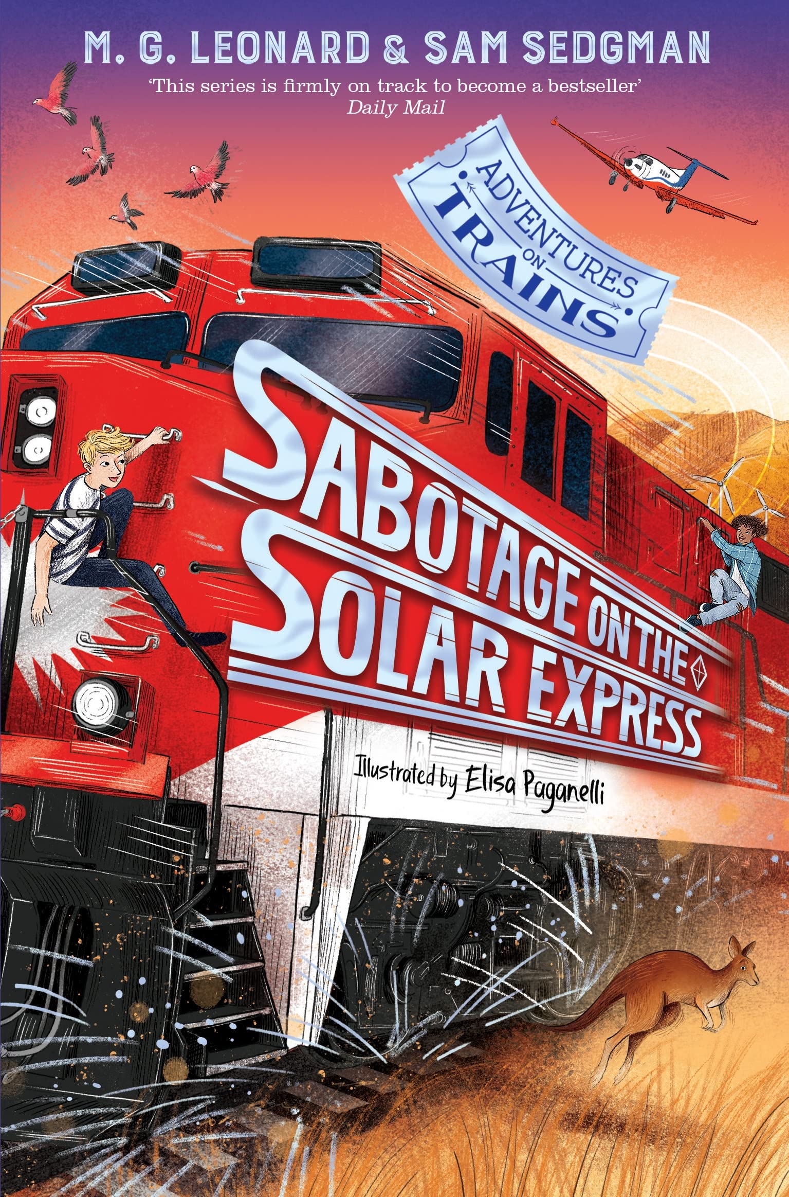 Front cover of the book 'Sabotage on the Solar Express (Adventures on Trains, 5)' by MG Leonard; Sam Sedgman.