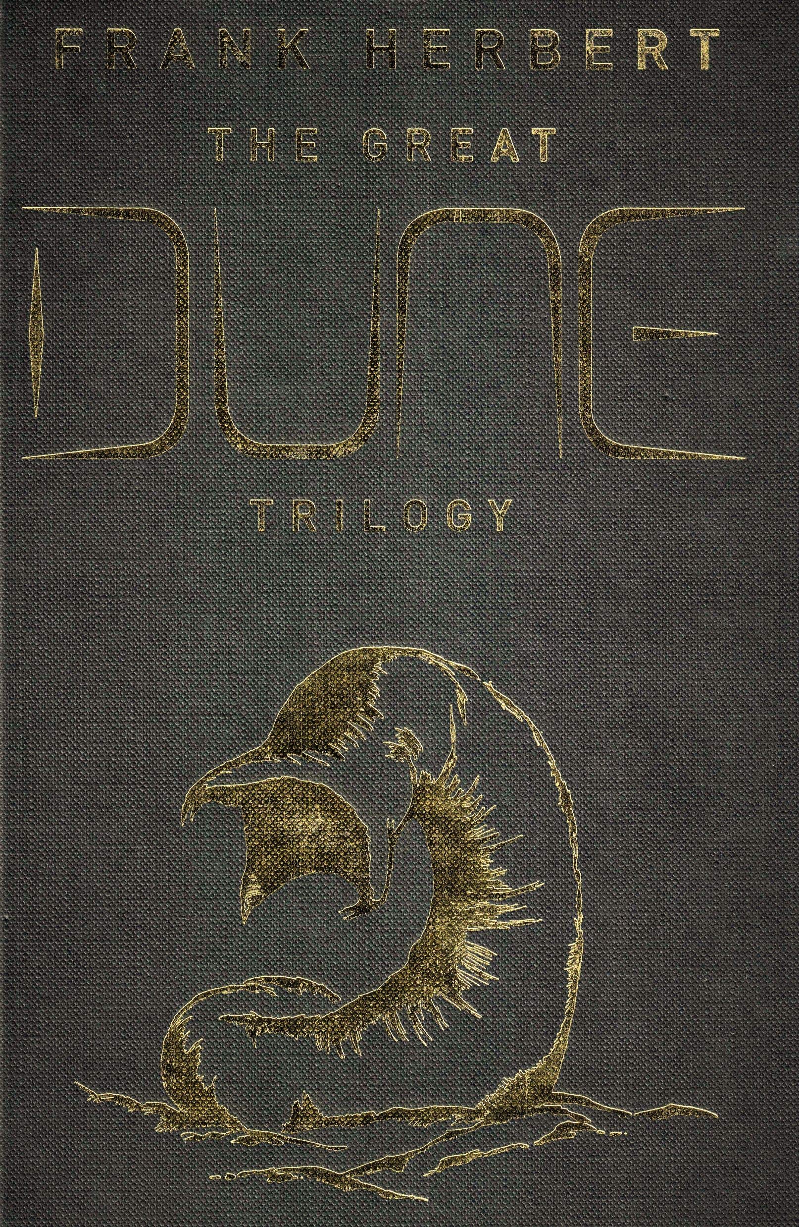 Front cover of the book 'The Great Dune Trilogy: Dune, Dune Messiah, Children of Dune' by Frank Herbert.