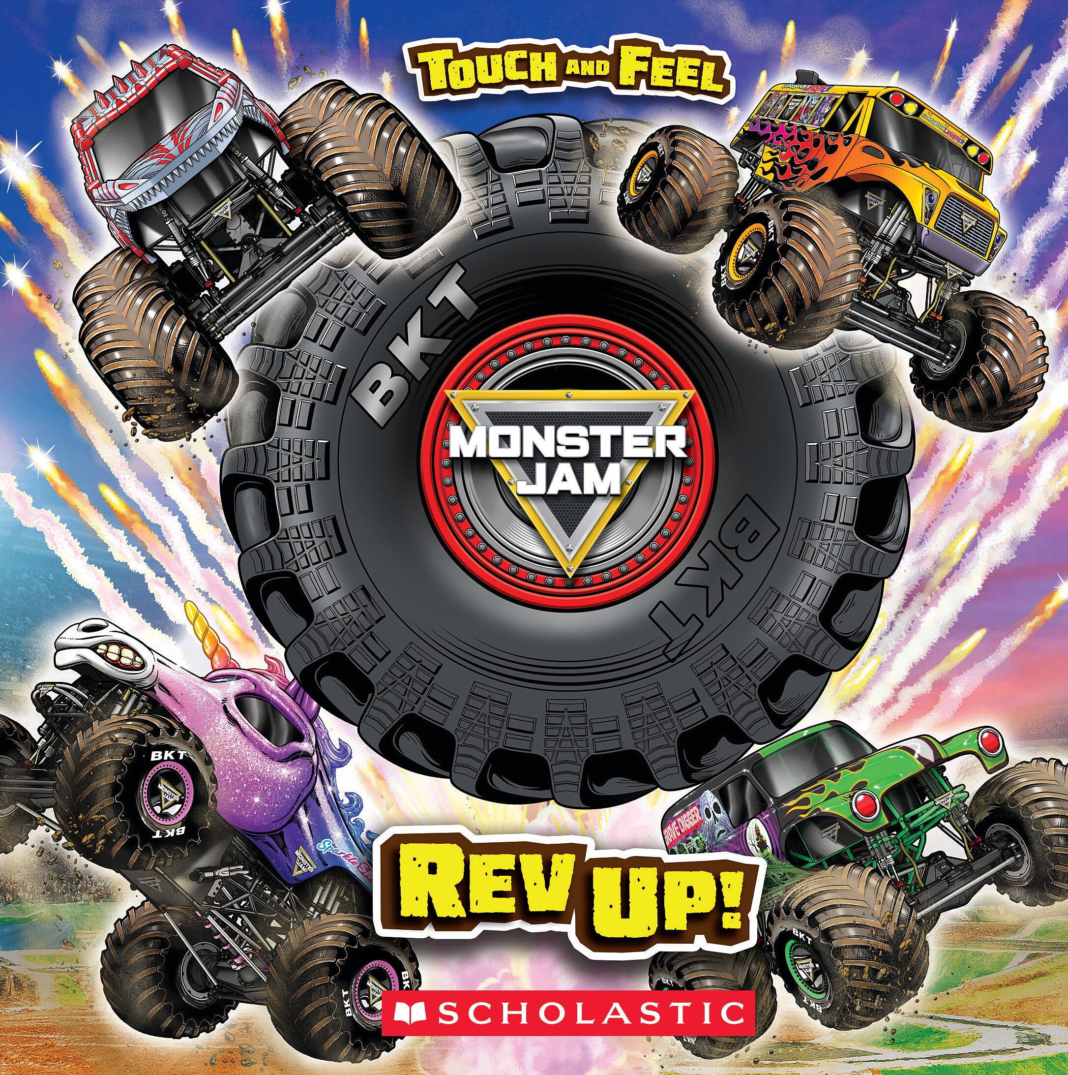 Front cover of the book 'Monster Jam: Rev Up! A Touch-and-Feel Book' by Lori Wieczorek.