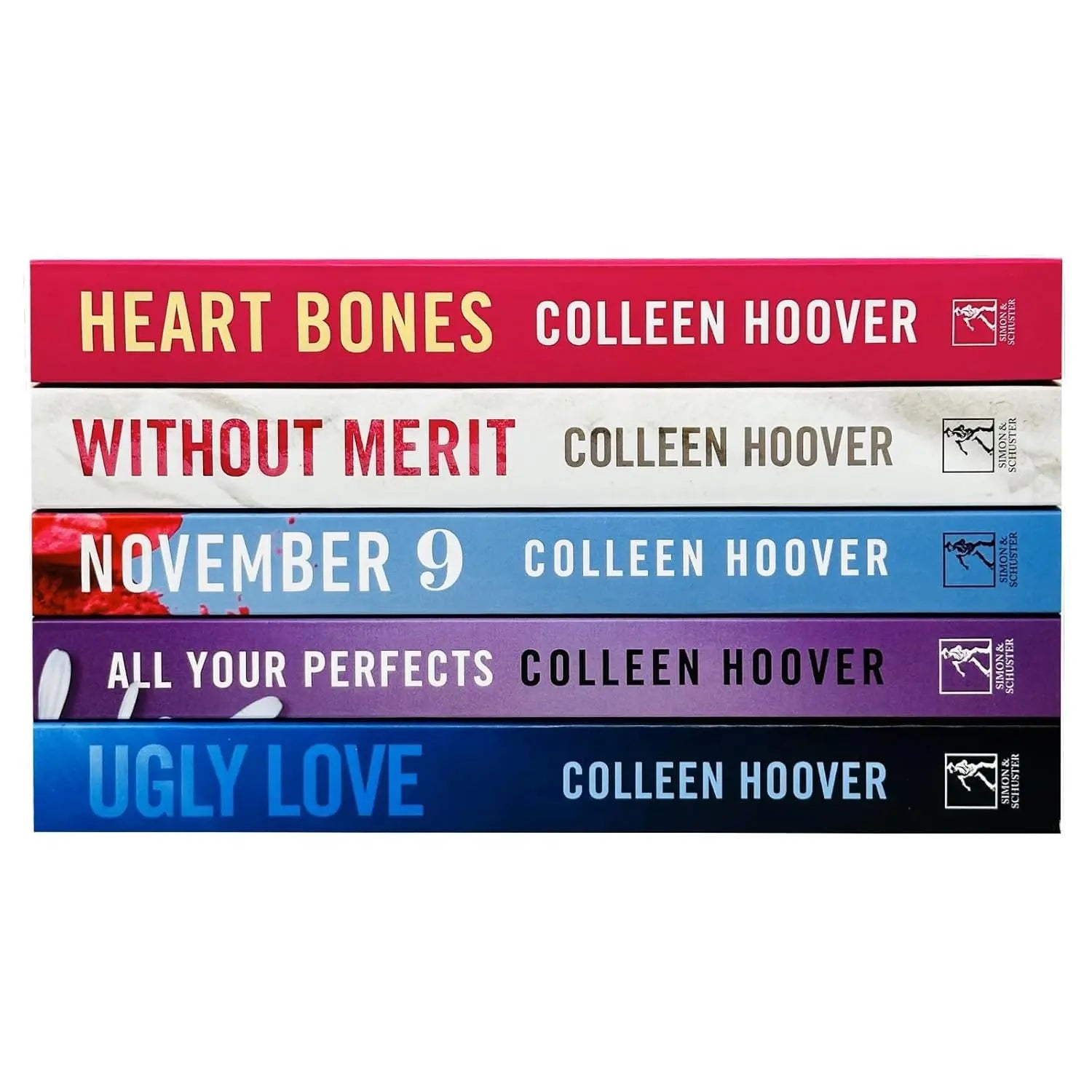 Five books by Colleen Hoover with colorful covers on a white background