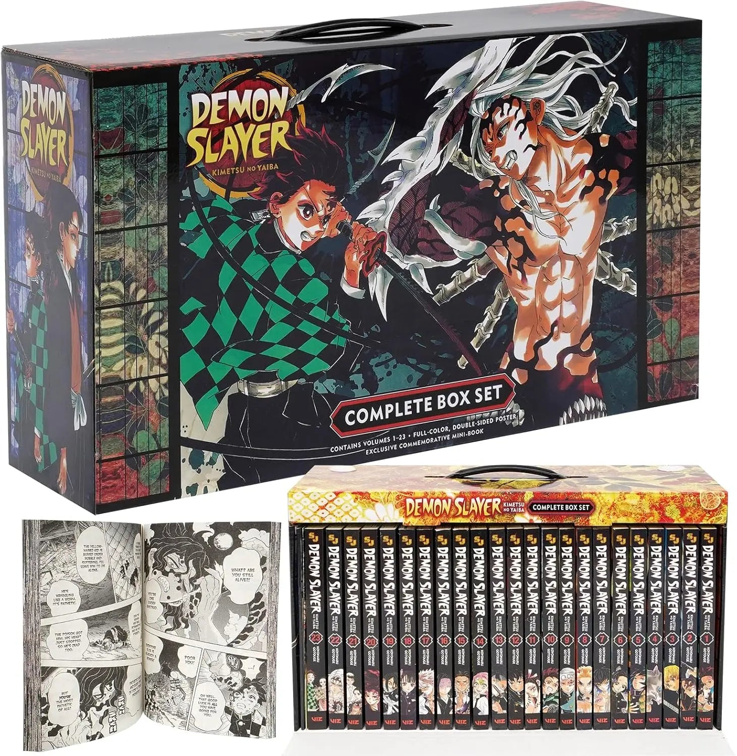 Demon Slayer complete box set packaging with character illustrations and manga pages.