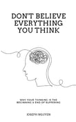 Book cover with a brain illustration and text about thinking and suffering, by Joseph Nguyen.