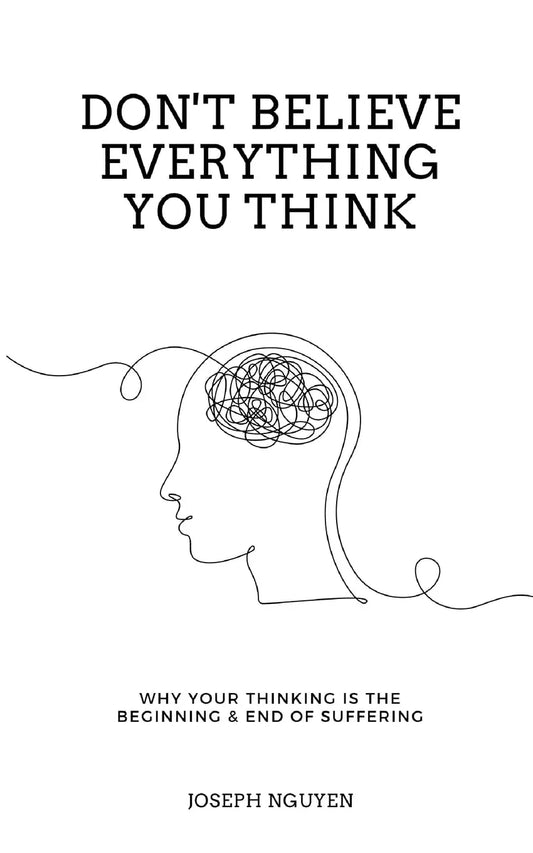 Book cover with a brain illustration and text about thinking and suffering, by Joseph Nguyen.