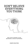 Book cover with a brain illustration and text about thinking and suffering, by Joseph Nguyen.