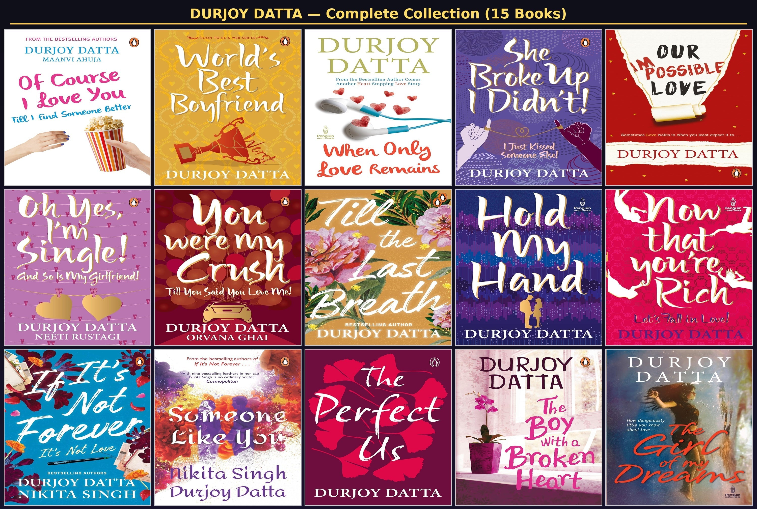 Collection of book covers by Durjoy Datta with colorful designs and text.