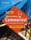 Front cover of the book Electrical Wiring Commercial, 19th Edition, published by Cengage. The cover features a large orange diamond-shaped graphic overlay with white text and a light bulb icon, set against a modern glass skyscraper at dusk.