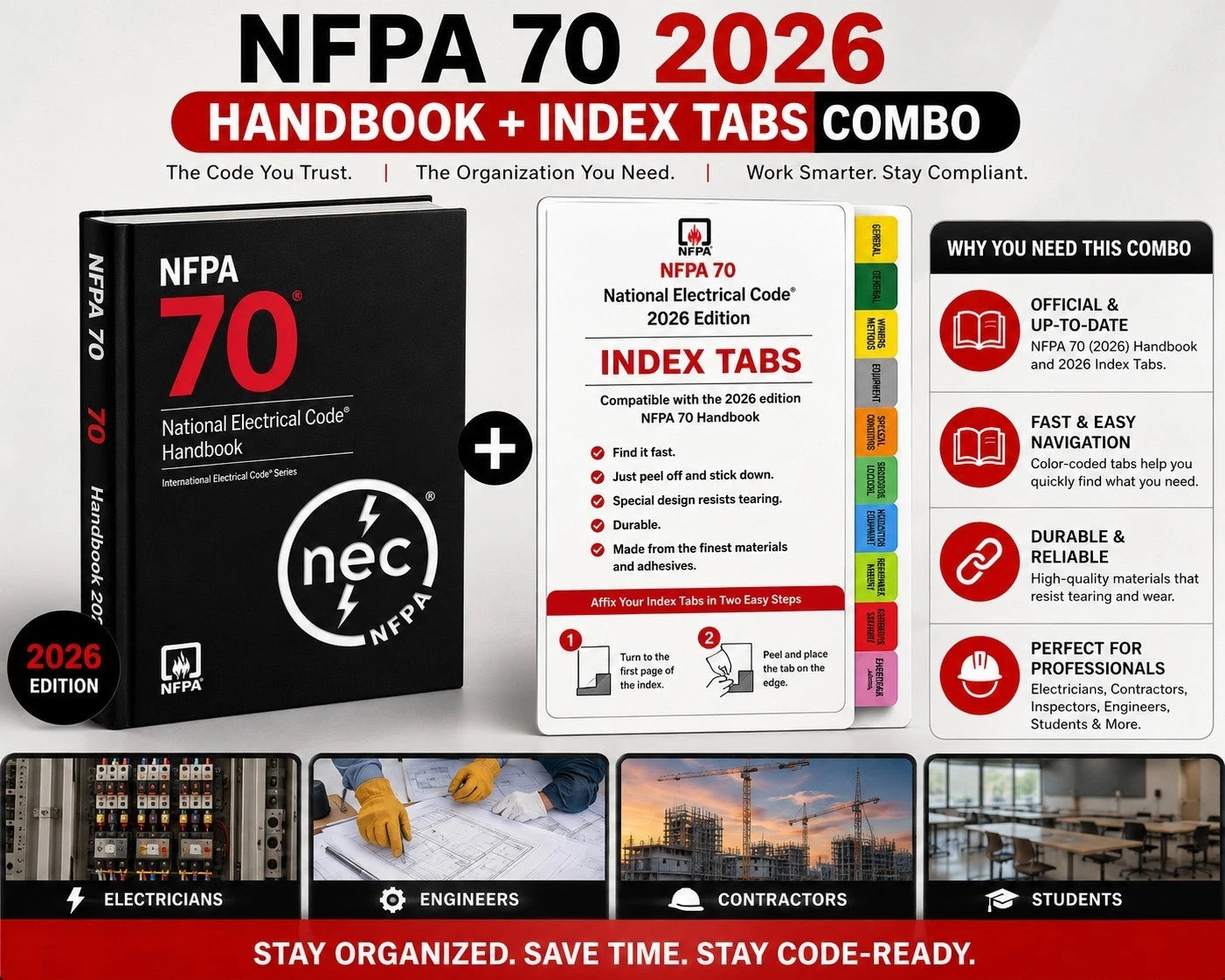 Promotional graphic for the NFPA 70 2026 Handbook + Index Tabs combo, showing the black NFPA 70 handbook box, a white index tabs booklet, feature callouts on the right, and small application photos along the bottom.
