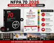 Promotional graphic for the NFPA 70 2026 Handbook + Index Tabs combo, showing the black NFPA 70 handbook box, a white index tabs booklet, feature callouts on the right, and small application photos along the bottom.
